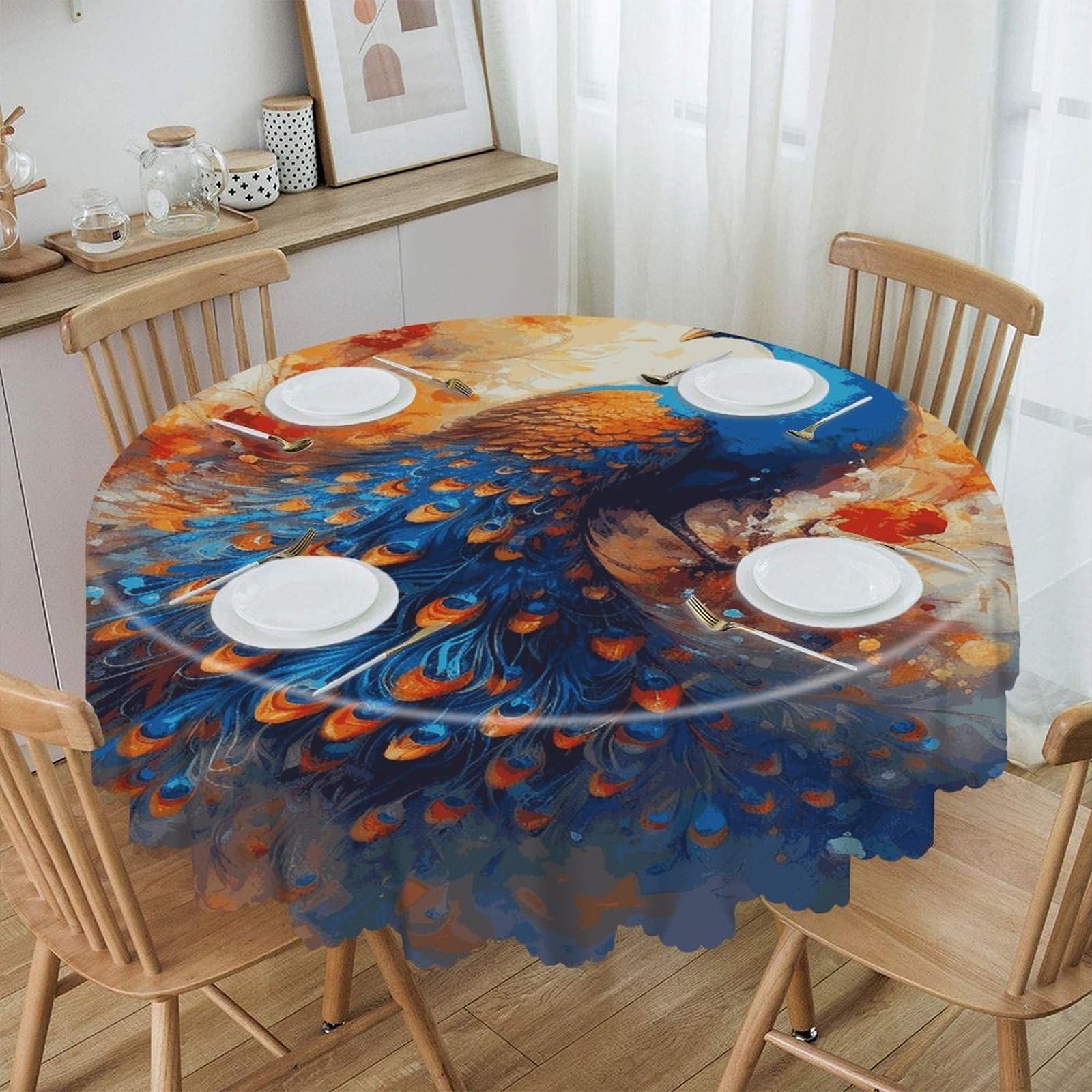 FekiLoot Peacock2 Round Tablecloths 60 Inch Resistant Washable Polyester Table Cloth Style Decorative Circle Fabric Table Cover for Dining Kitchen Party Farmhouse Outdoor