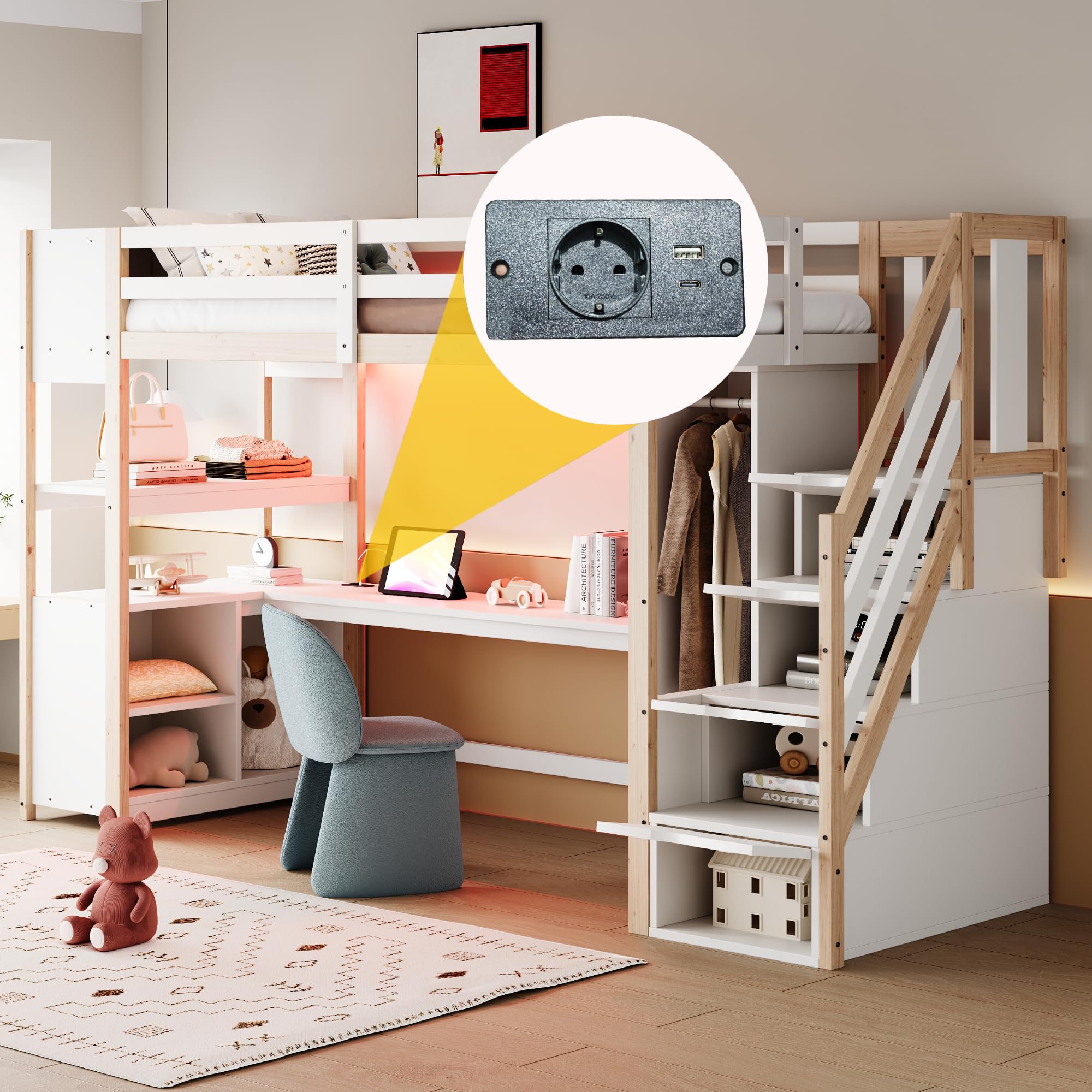 Merax Holz Hochbett 90 x 200 cm, mit Schreibtisch, Kleiderschrank, Treppe mit Stauraum, Regal und Ablagefach, Hochbett mit LED Lichtleiste und Steckdose, weiß & Holzfarbe (ohne Matratze)