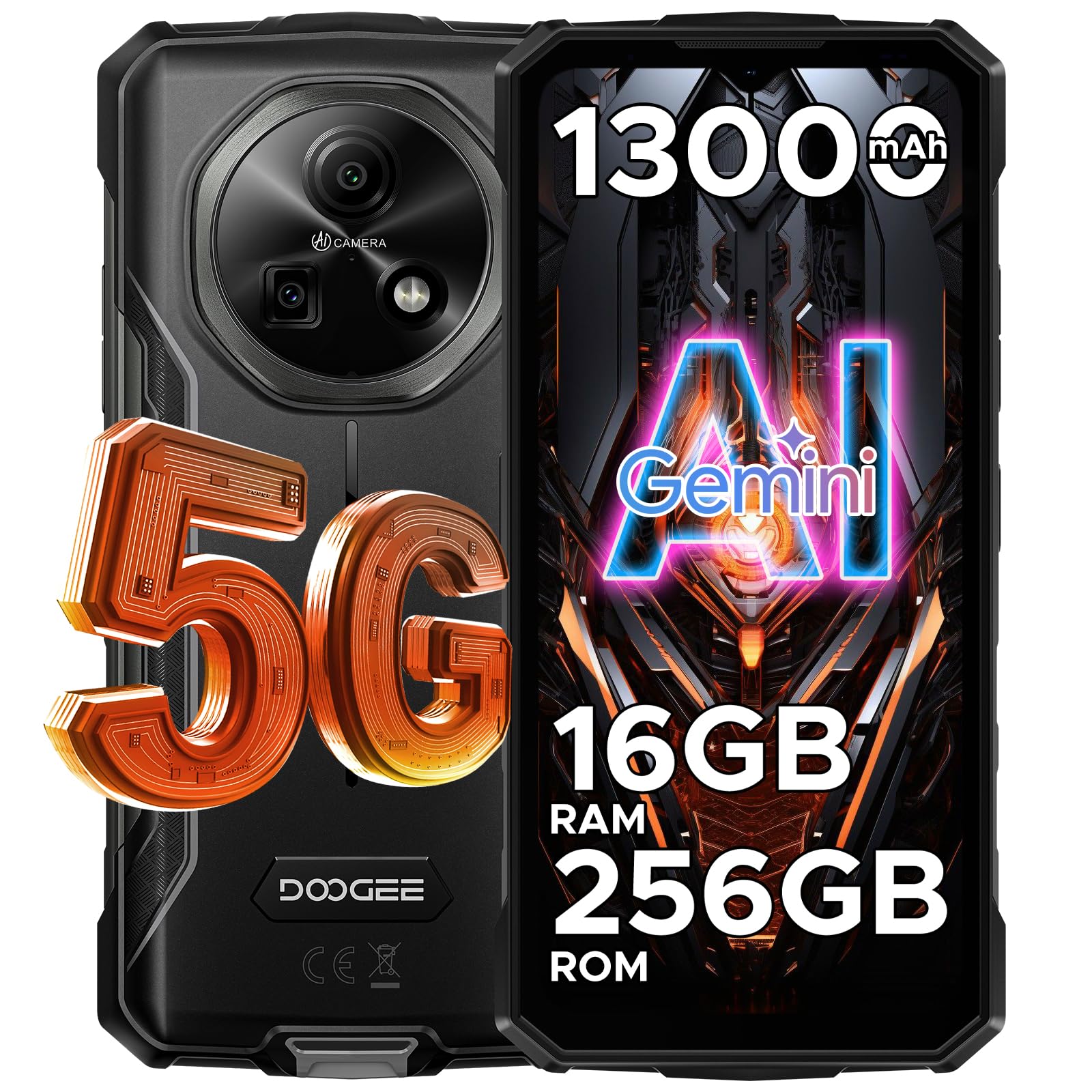 DOOGEE Fire 7 Rugged Smartphone 5G, Gemini AI 16GB+256GB/2TB Telefono Cellulare, 13000mAh Telefono Indistruttibile, 64MP+16MP Rugged Phone, Android 15/MTK 6300 Octa Core/Dual SIM/NFC/GPS/IP68/BT5.2