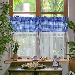 ARTMAGIC Farmhouse Kitchen Curtain 2 Panels Blue Plaid Fabric Embroidery Butterfly Decoration Sheer Coffee Curtains Rod Pocket for Small Window Living Room Bedroom Bathroom(Blue Plaid,2pcs,27