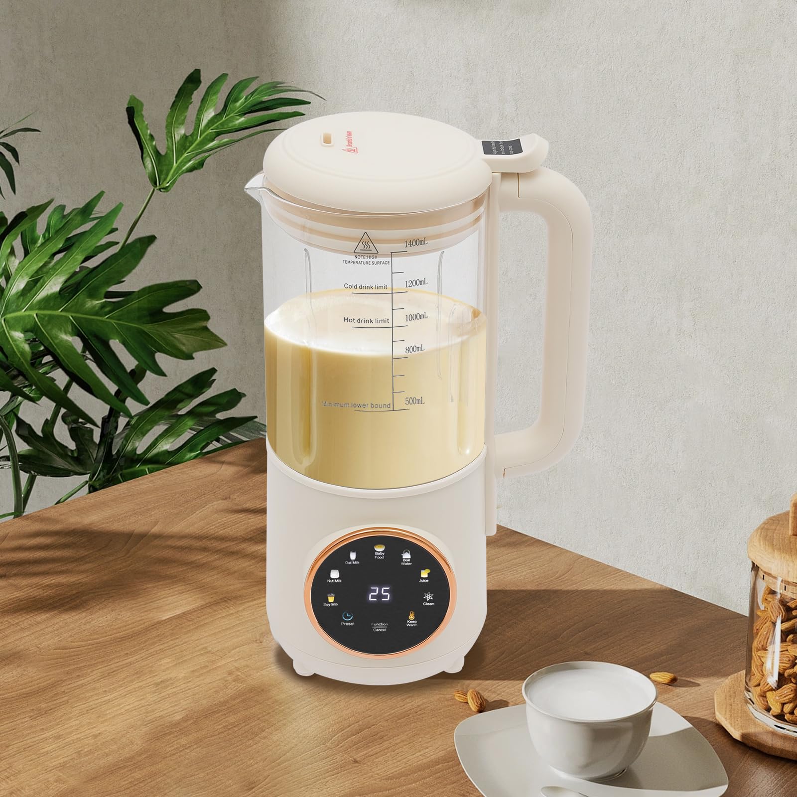 Vollautomatischer Sojamilchbereiter 1,4L, 24h Vorwahl & 6h Warmhaltefunktion, 600W Nussmilchmaschine, Selbstreinigungsfunktion für Sojamilch, Nussmilch, Hafermilch, Babynahrung, Saft