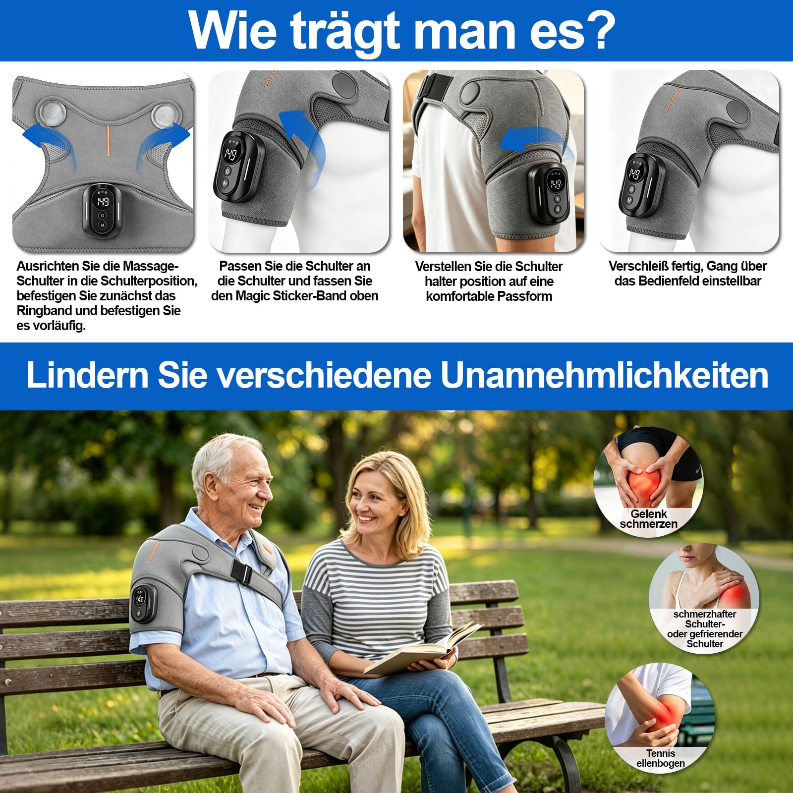 Schulter Massagegerät, 3-in-1 Massagegerät mit magnetischer Steuerung, Schulterbandage mit 5 Heizstufen & Vibration, 5000mAh Akku, 6600r/min Motor Schultermassagegerät für Zuhause & Büro, Grey