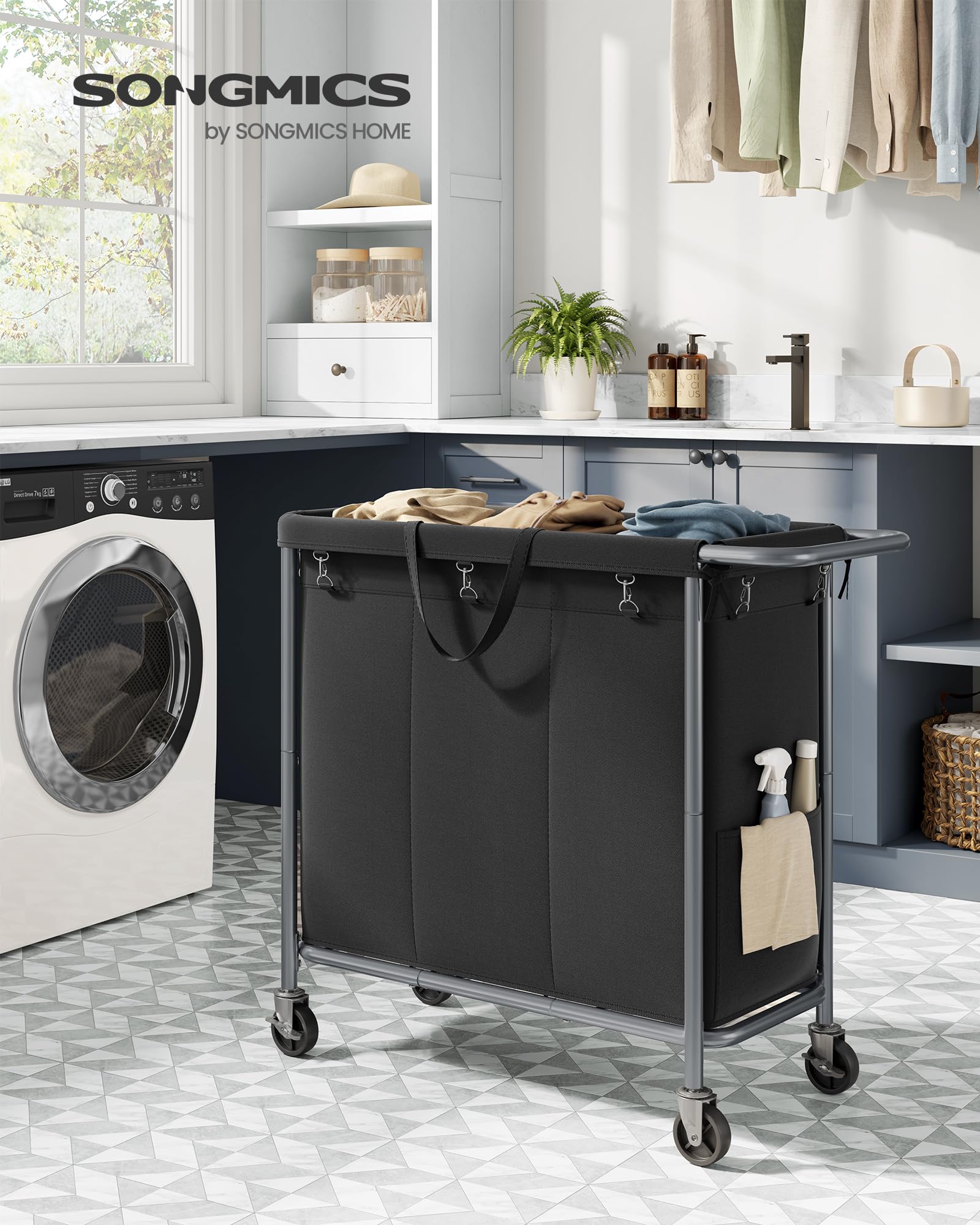 SONGMICS Laundry basket on wheels, 3 compartments, laundry basket, 200 l, removable lining, steel frame with handle, large volume, 91 x 39 x 81 cm