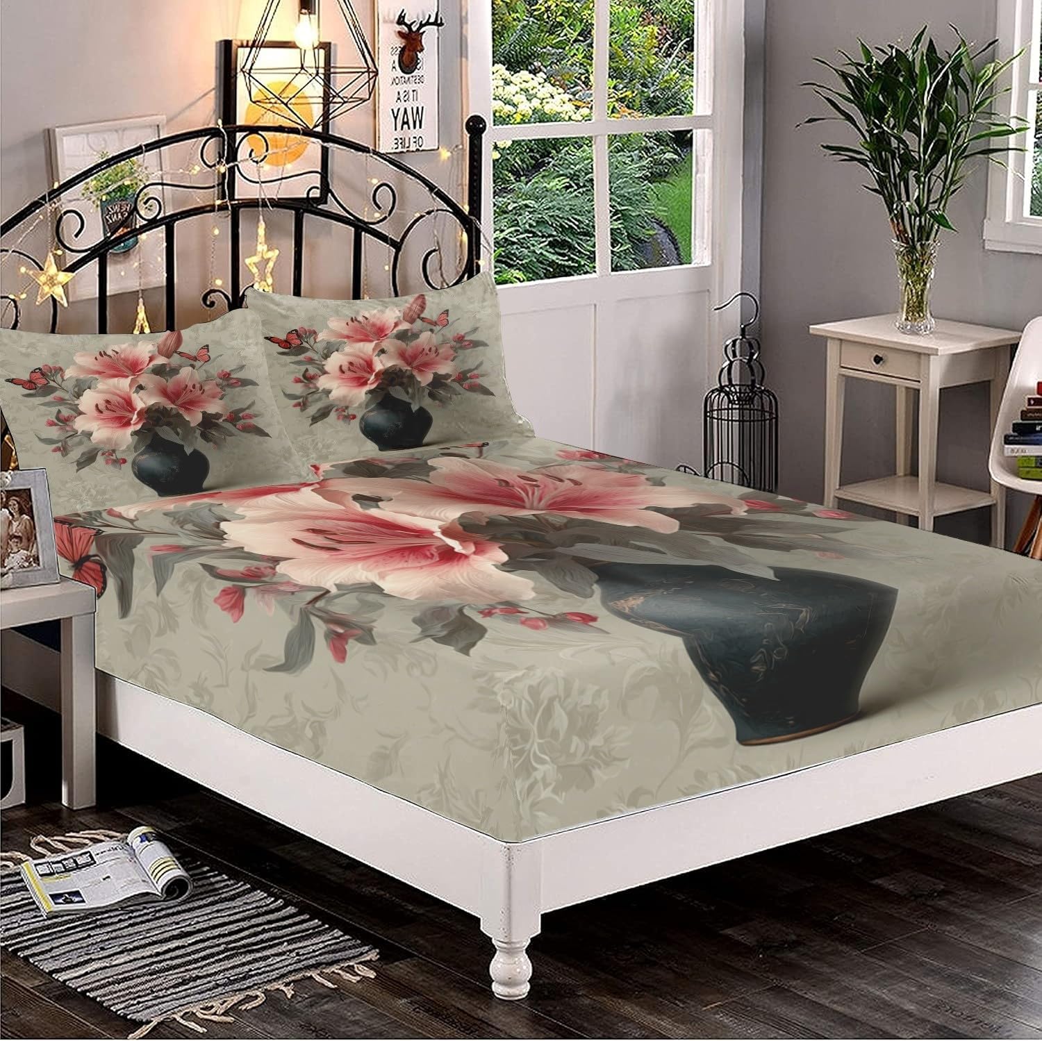 Drap Housse 200x200cm Rose Bande Élastique Réglable 2 Personnes Lit