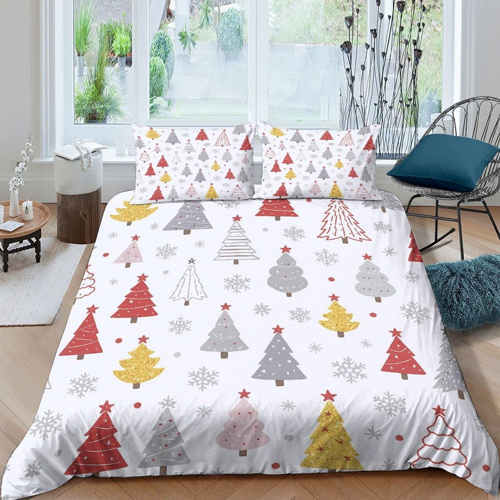 Ctjqhvkz Style-3 3D Printed Christmas Tree Fitted Sheet Microfiber Festive Snowflake Bed Cover Slip-Resistant, Machine Washable For Bedroom Guest Room Single（135X200cm）