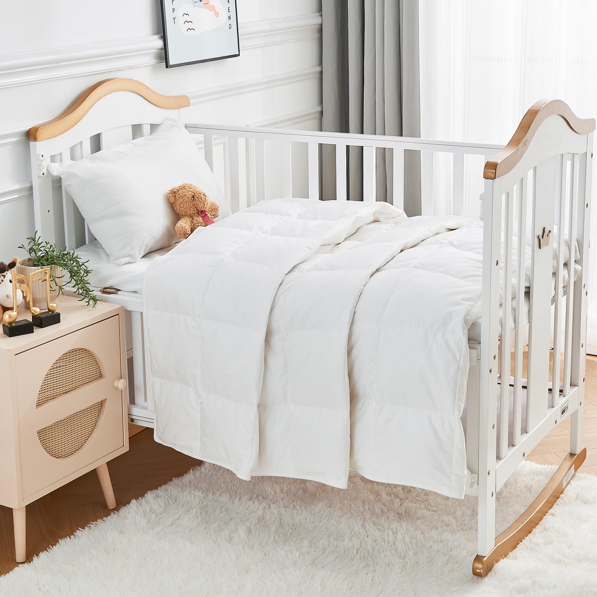 Photo 1 of ROSE FEATHER Toddler Goose Down Comforter Lightweight Summer Cooling Baby Duvet Insert, Hypoallergenic 100% Organic Cotton Crib Quilted Washable Nursery Blanket with Corner Tabs, White 33x43 Inches