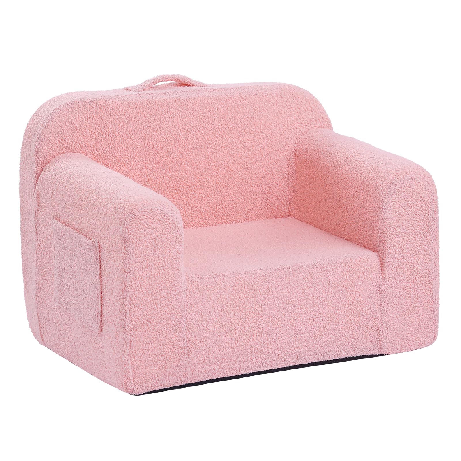 TIITAToddler Chair Couch, Comfy Fold Out Kids Sofa, Lightweight Children Couch with Carrying Handle & Side Pockets, Kids Foam Armrest Read Sofa for Girl or Boy, Pink