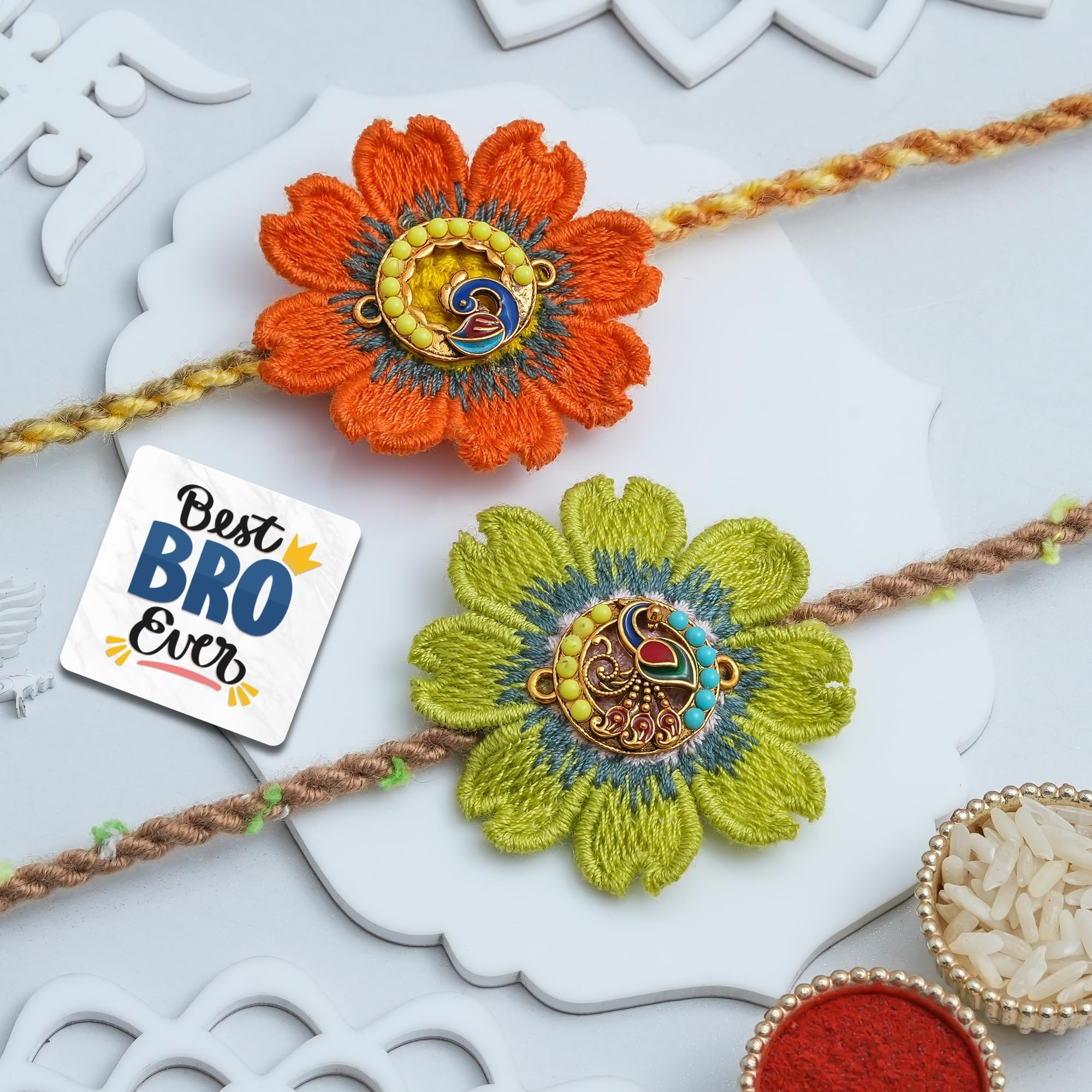 eCraftIndia Orange Yellow Flower Peacock Rakhi Set of 2 | Rakhi for Brother Bhaiya Bhai with Best Bro Ever Fridge Magnet | Roli Chawal Pack-image-22