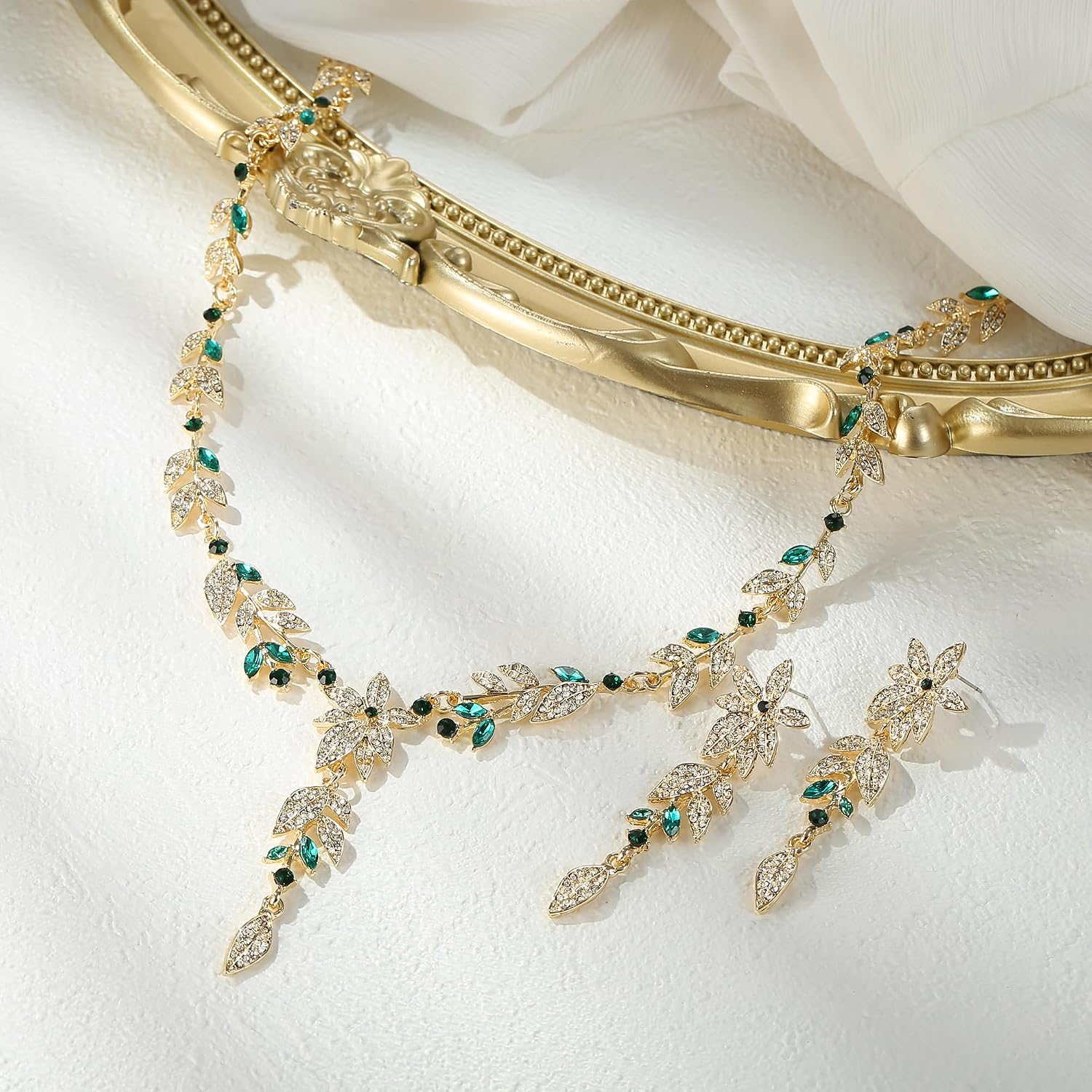 BriLove Wedding Jewelry Set for Women,Shiny Gorgeous Crystal Marquise Leaf Flower Cluster Y-Shape Pendnt Necklace Dangle Long Earrings for Bridal Party Prom Accessories