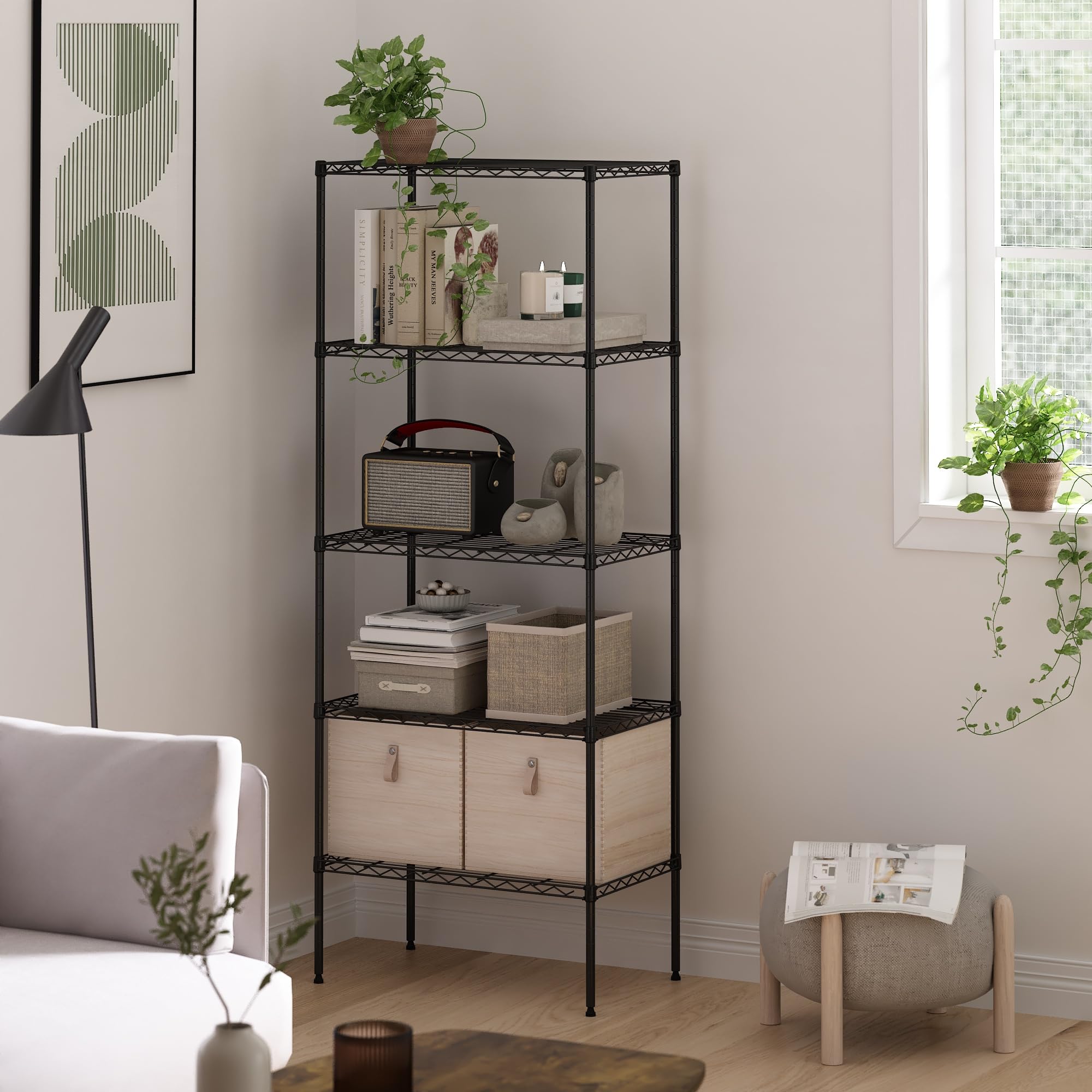 Furinno Wayar - Estante de Almacenamiento de Metal de 5 Niveles, 24 x 14 x 60, Color Negro
