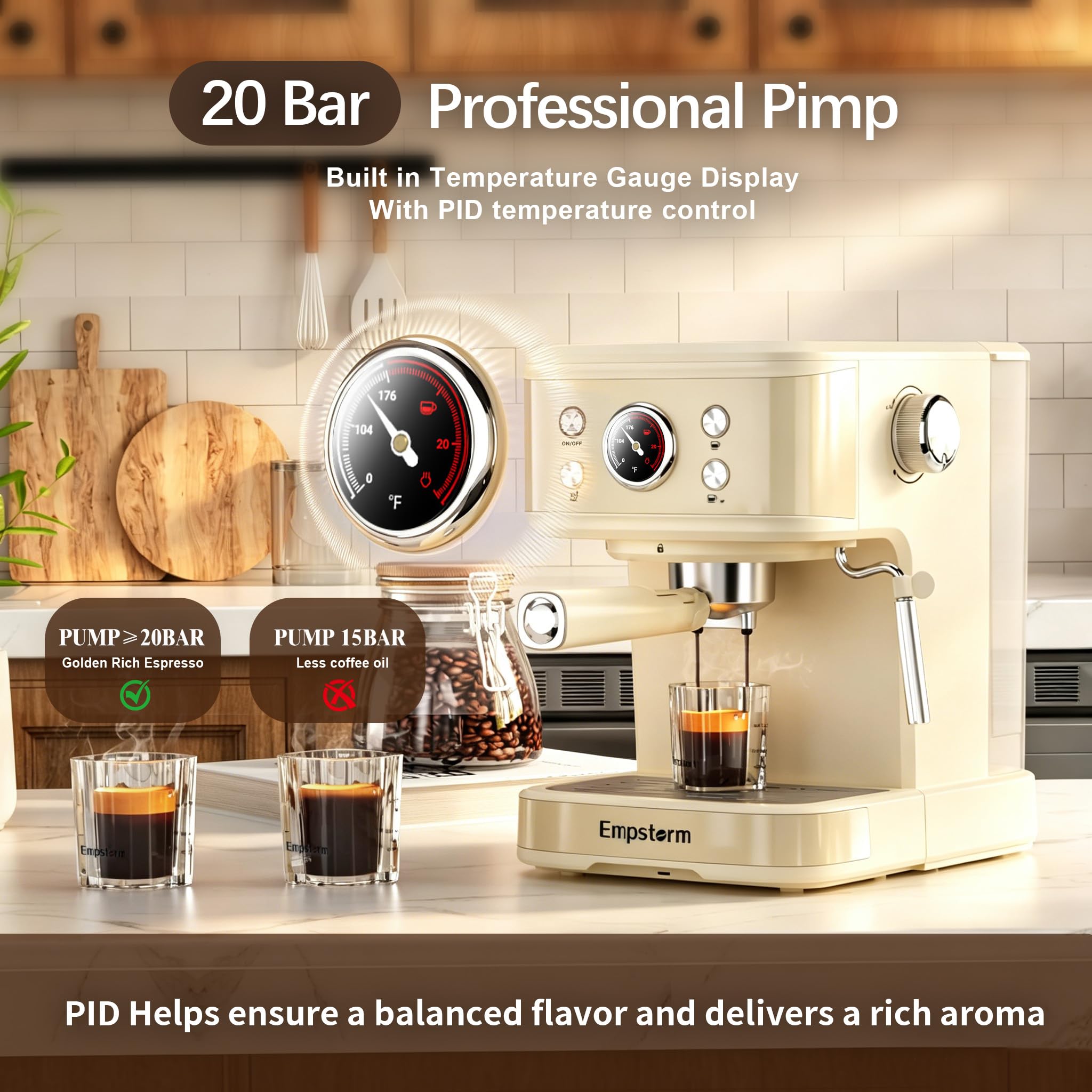 Empstorm Cafetera Espresso 20Bar,1100W máquina de café Espresso 2 en 1 con depo de Agua de 50oz y Varita de Vapor