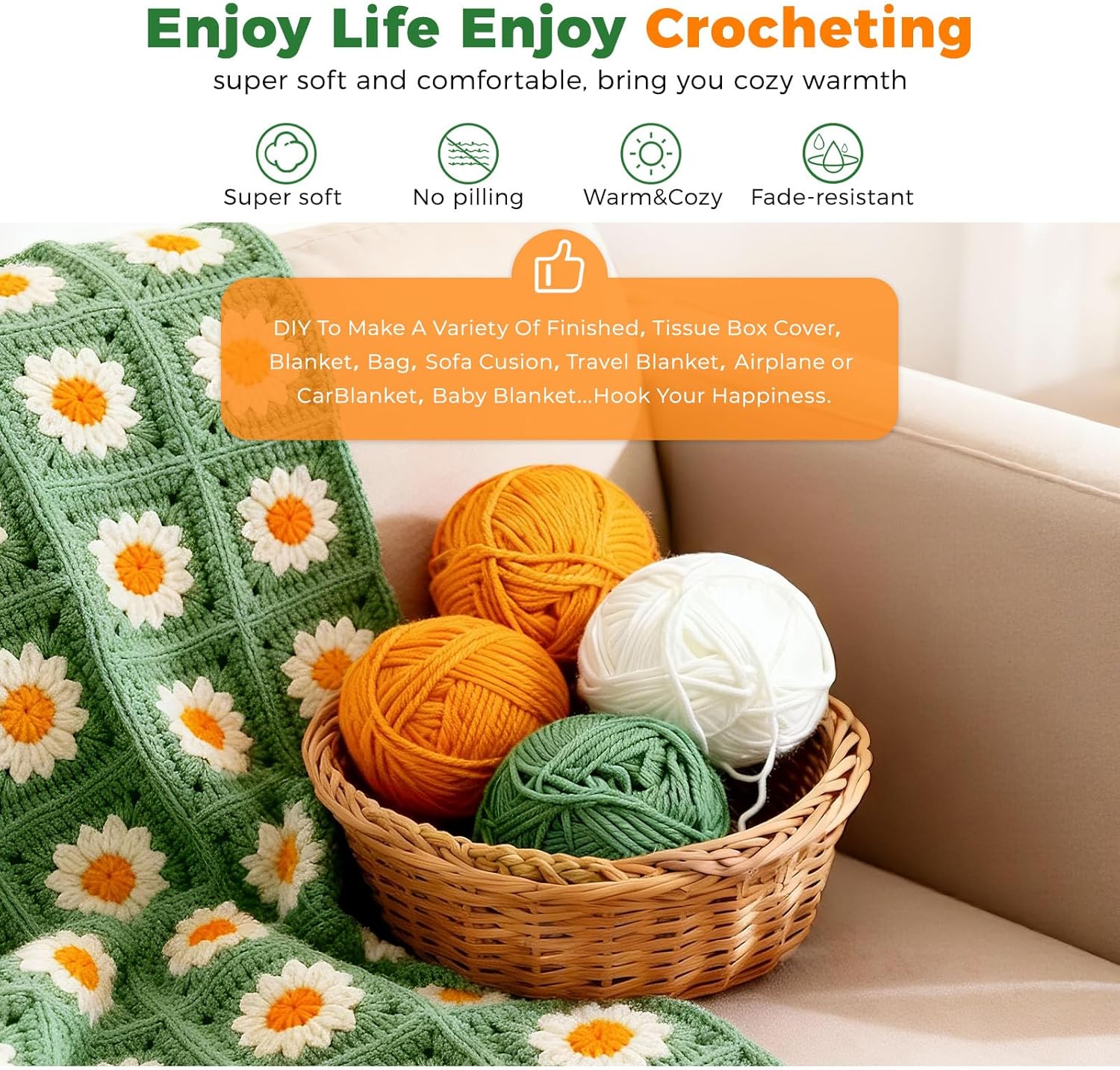 HHSarioneiro Crochet Blanket Kit for Beginners, Easy Granny Square Crochet Kit for Adults,with Step-by-Step Instructions and Clear Videos, Includes Multiple Accessories, Gift for Craft Lovers