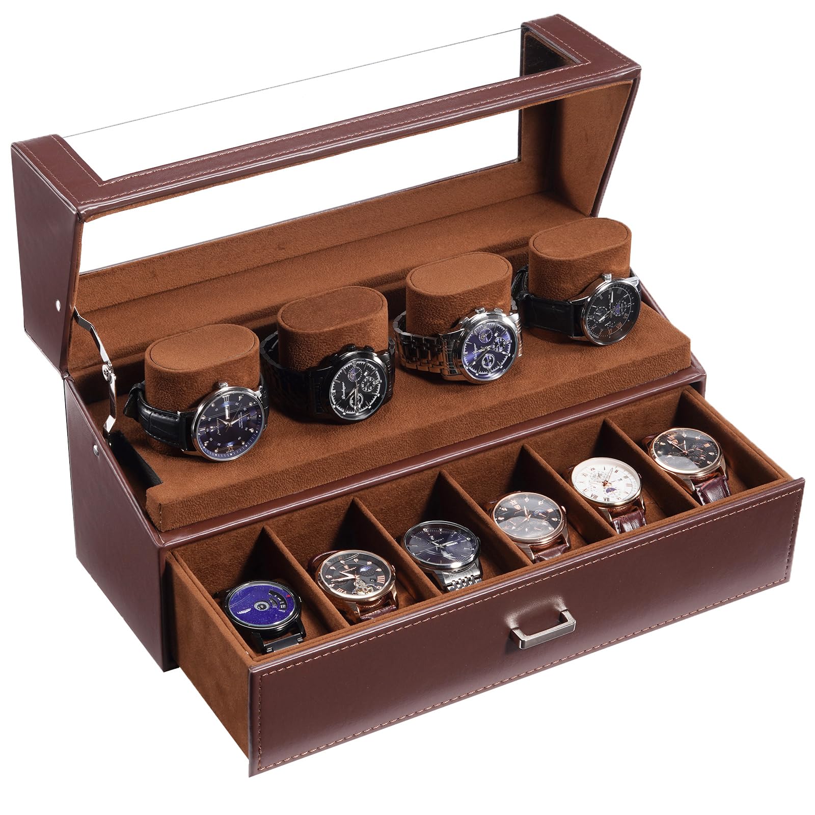 HVMBEUGOS Watch Case for Men, 10 Slot Watch Display Stand with Acrylic Lid, Watch Display Case with Drawer, 2-Layer Mens Watch Box, Watch Holder Organizer for Men Women -Espresso