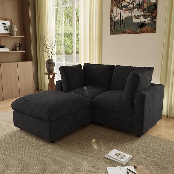 WJShome Sectional Couches for Living Room, 67 Inch Loveseat Sofa with Ottoman, Modern Chenille Fabric & Double Layer Cushions, Modular Couch for Apartment/Bedroom,Black