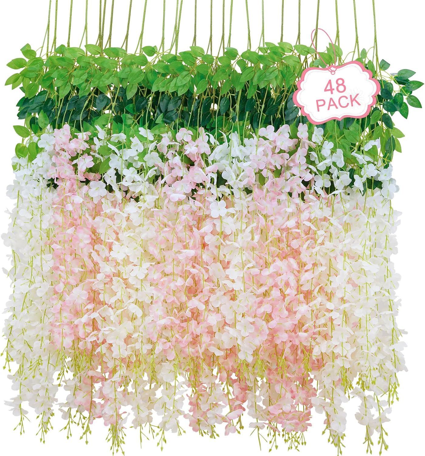 48Pcs Artificial Wisteria Hanging Flowers, 3.6Ft/Pcs White & Pink Fake Wisteria Garland for Wedding Party Home Garden Indoor Outdoor Decoration