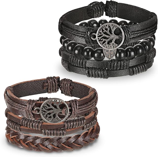 Mens Leather Bracelet 2 Pieces Wrap Cuff Bracelets Viking Jewellery for Men with Wood Beads Leather Wristbands for Men Adjustable Mens Braided Leather Bracelet