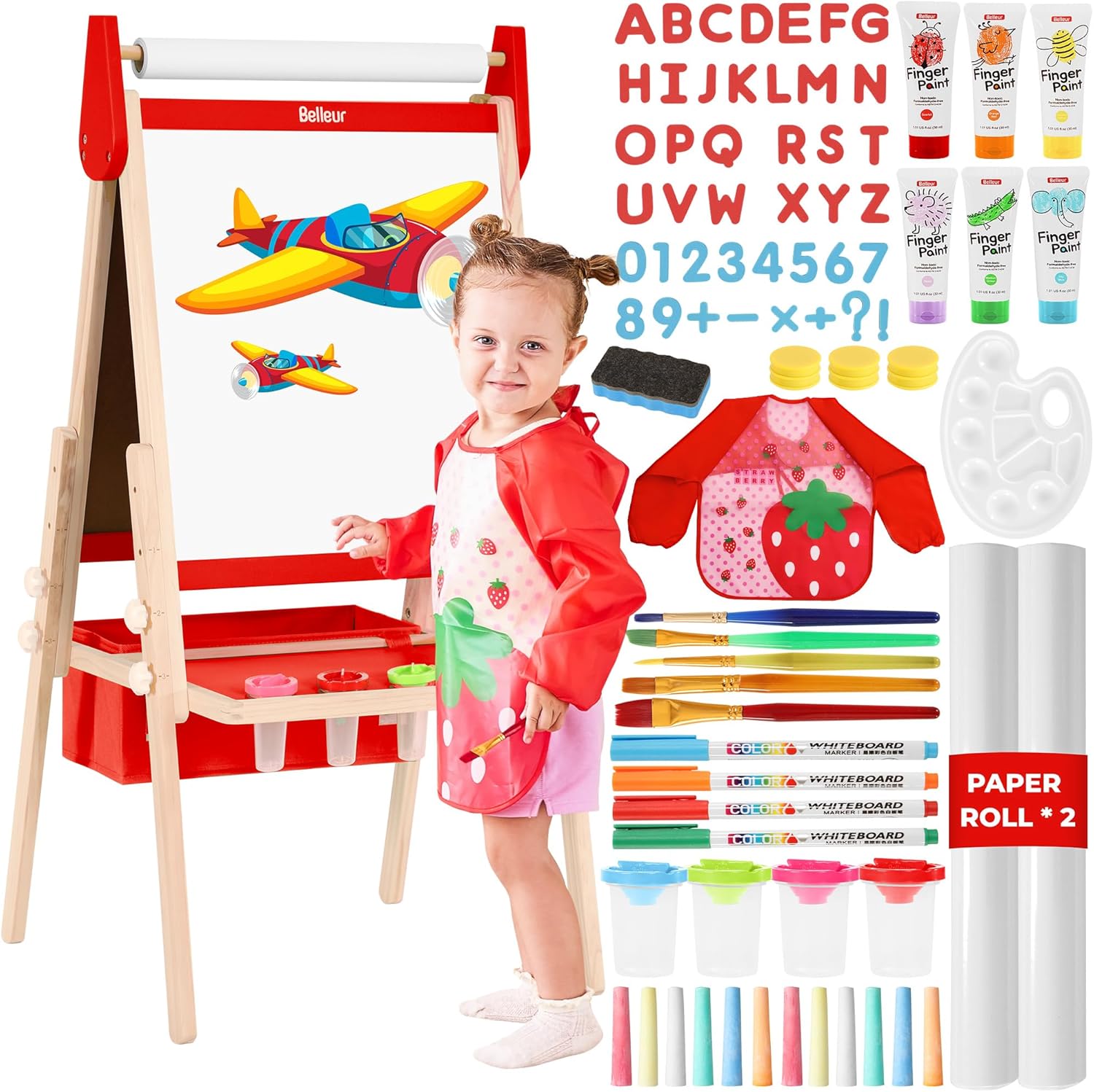 Belleur All-in-One Art Easel for Kids with 2 Paper Rolls & Deluxe Accessories, Adjustable Magnetic Double Sided Whiteboard & Chalkboard, Painting Kid Easel for Toddlers 2-8, Ideal