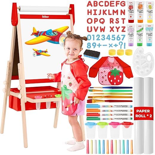 Belleur All-in-One Art Easel for Kids with 2 Paper Rolls & Deluxe Accessories, Adjustable Magnetic Double Sided Whiteboard & Chalkboard, Painting Kid Easel for Toddlers 2-8, Ideal Christmas Gift