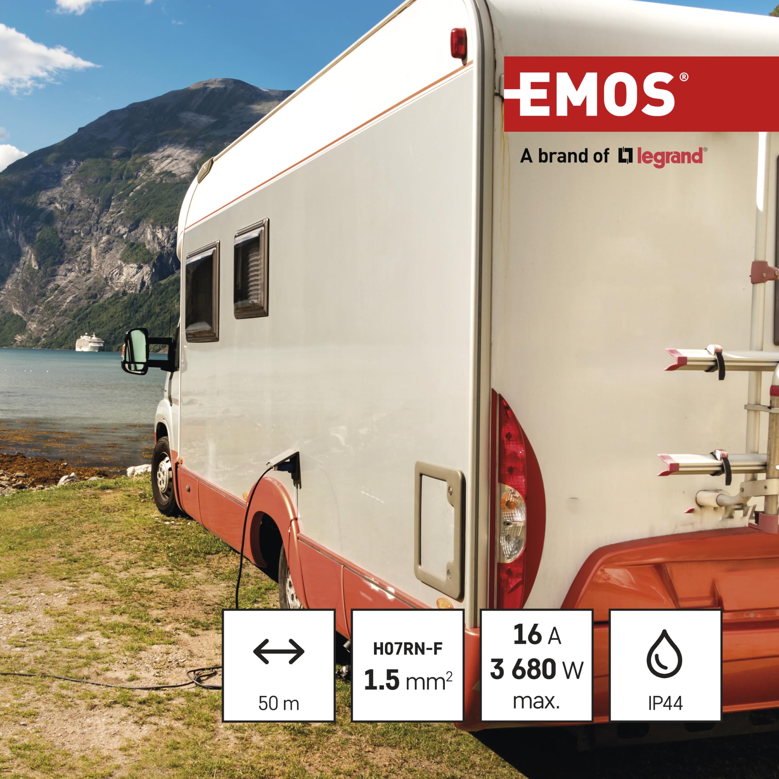 EMOS Przedłużacz bębnowy stalowy 50 m, 4 gniazda, IP44, wodoodporny, odporny na uderzenia i olej, 230 V 16 A 3680 W, H07RN-F 1,5 mm², zewnętrzny