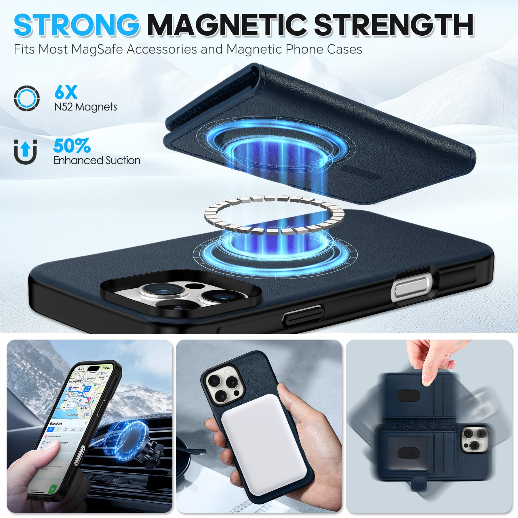 Coque Shieldon Cuir Véritable Pour IPhone 16 Pro - Bleu - Porte-Cartes RFID - Ouvert Jamais Utilisé