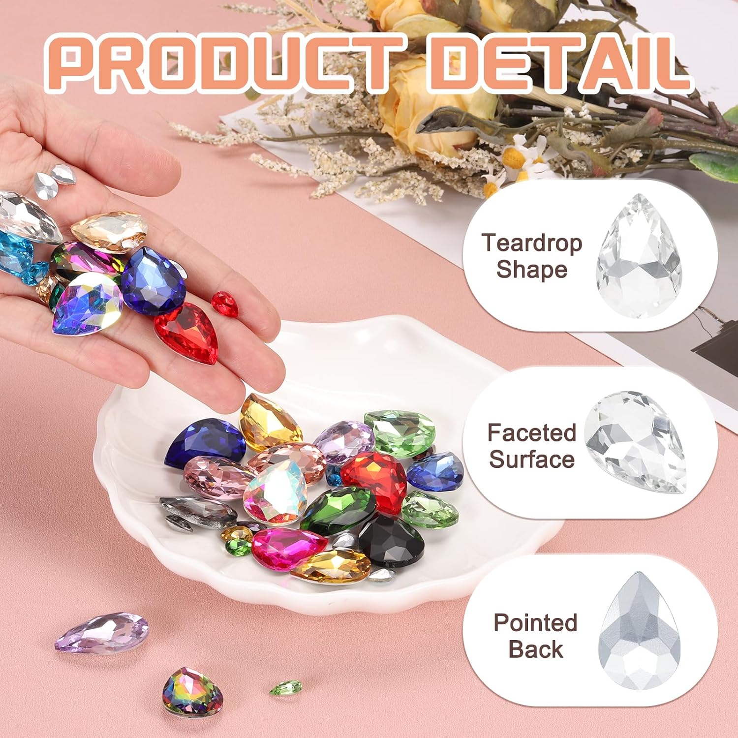 MECCANIXITY 8Pcs 18 x 25mm Teardrop Rhinestones Glass Pointed Back Rhinestone Beads Gems for Jewelry Making Costume Crystal Embellishments Crafts,White