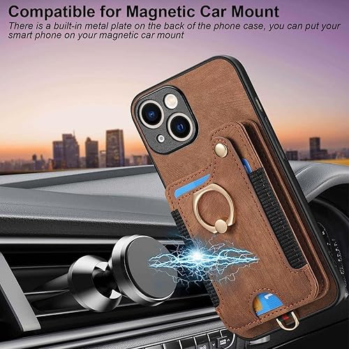 Miniatura 7 de JanCalm Funda con tarjetero para iPhone 15 Plus, soporte con anillo, bloqueo RFID, protector de cámara, correa protectora magnética de cuero para