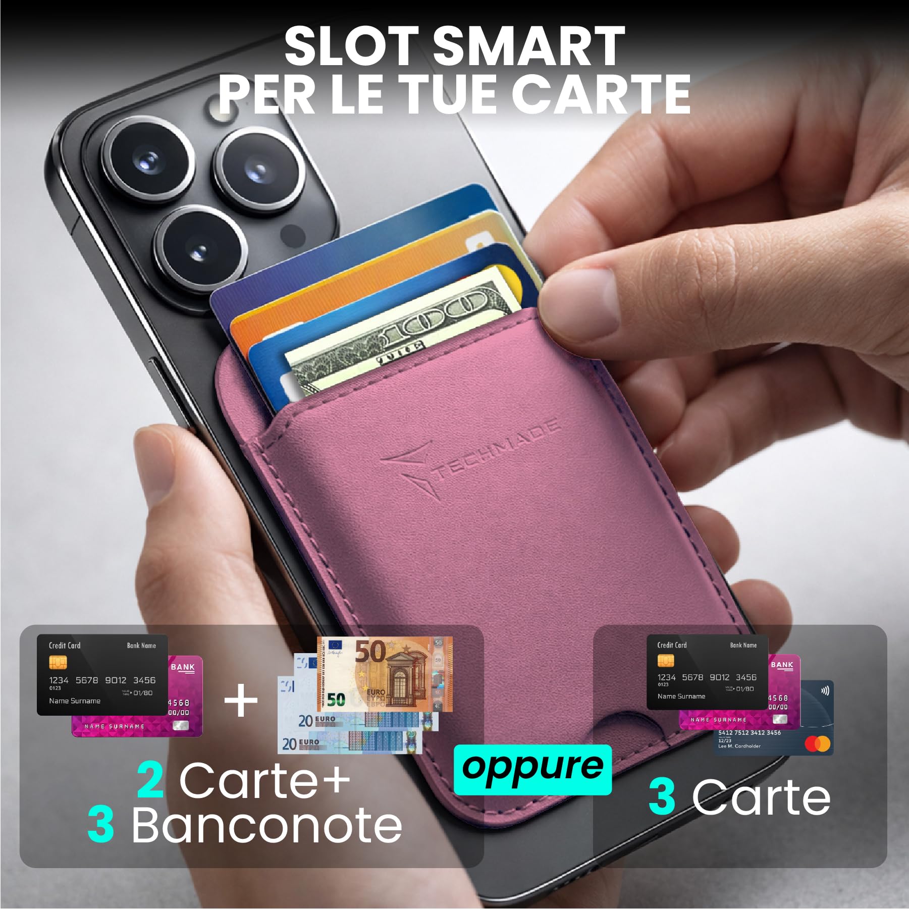 TECHMADE Portacarte MagSafe Compatibile per iPhone, Anello Adattatore Incluso - Spazio per 3 Carte o Contanti, Sistema di Estrazione Rapida - Blocco RFID, in Eco-Pelle Vegana (fucsia)