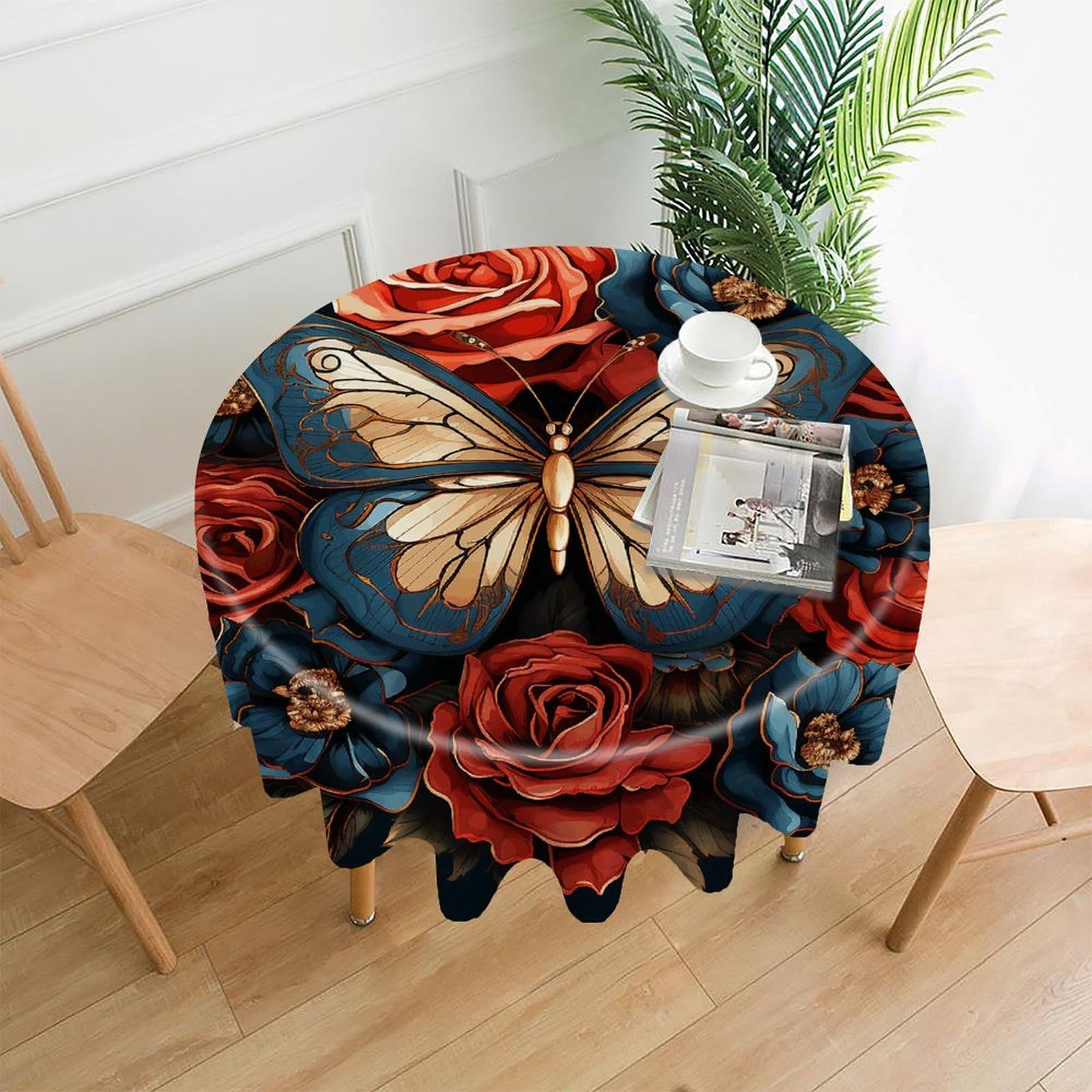 LZQPOEAS Butterflies and Roses Tablecloth Decorative Round Table Cloth Wrinkle Resistant Round Tablecloth Washable Circle Table Cover for Kitchen Dining Party Wedding Camping 60 Inch