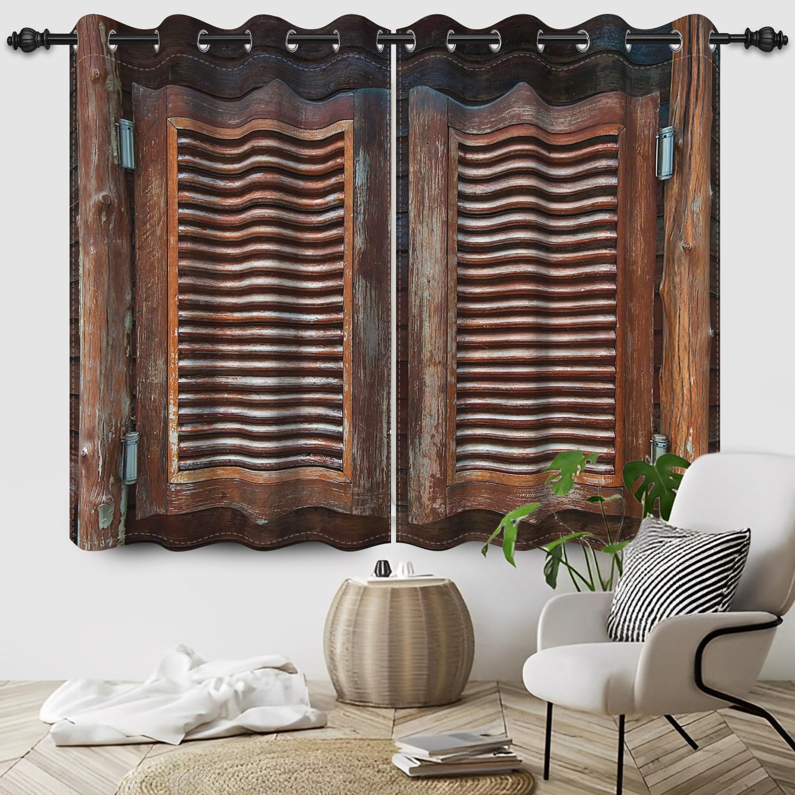 DORCEV Rustic Wooden Barn Door Blackout Window Curtains Wood Planks Farm Farmhouse Curtains Country Retro Western Vintage Brown Window Treatments Kitchen Bedroom Living Room Decor,52x63 inch,2 Panels — image 1