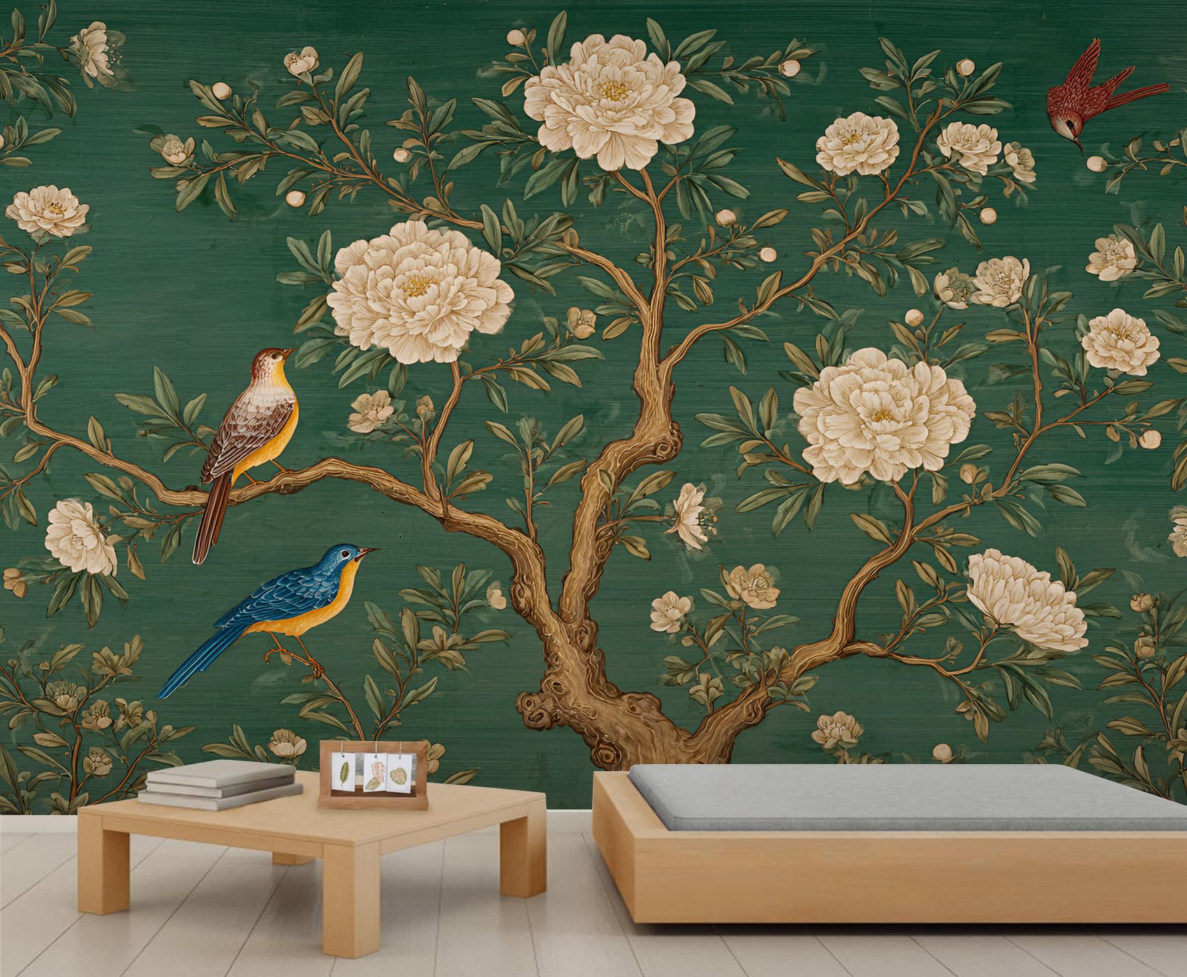 Floral and Bird Wallpaper Green Decorative Wallpaper Flowers Tree Branches Mural Kids for Bedroom Living Room Mural 250X175cm