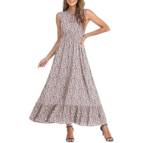 CZYINXIAN Women's Sleeveless Summer Tie Neck High Waist Casual Boho Dress Floral Print Ruffle Hem Long Beach Maxi Dresses