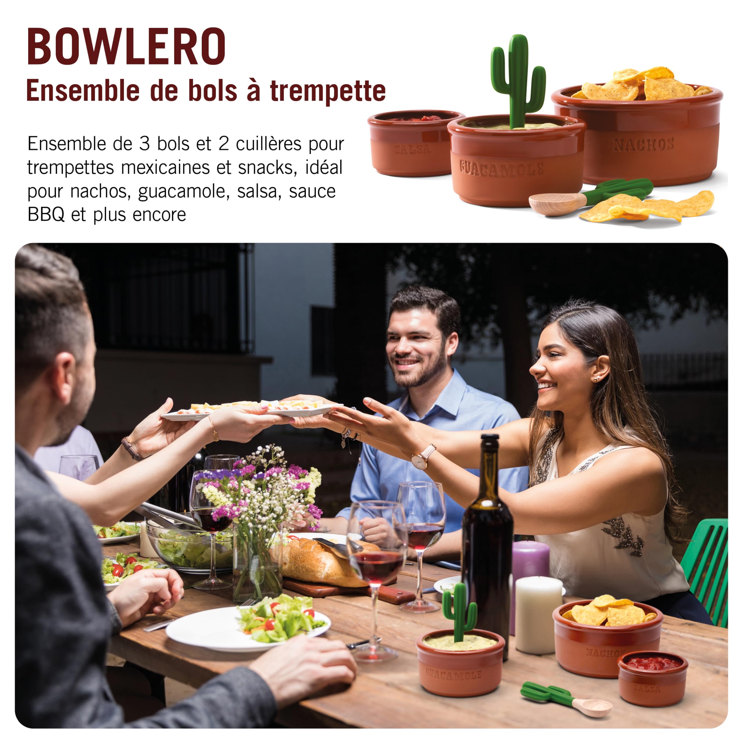 Monkey Business Bowlero : Kit de Bols en Terre Cuite pour Trempettes Mexicaines, Guacamole, Salsa et BBQ - 3 Bols à Soupe + 2 Cuillères