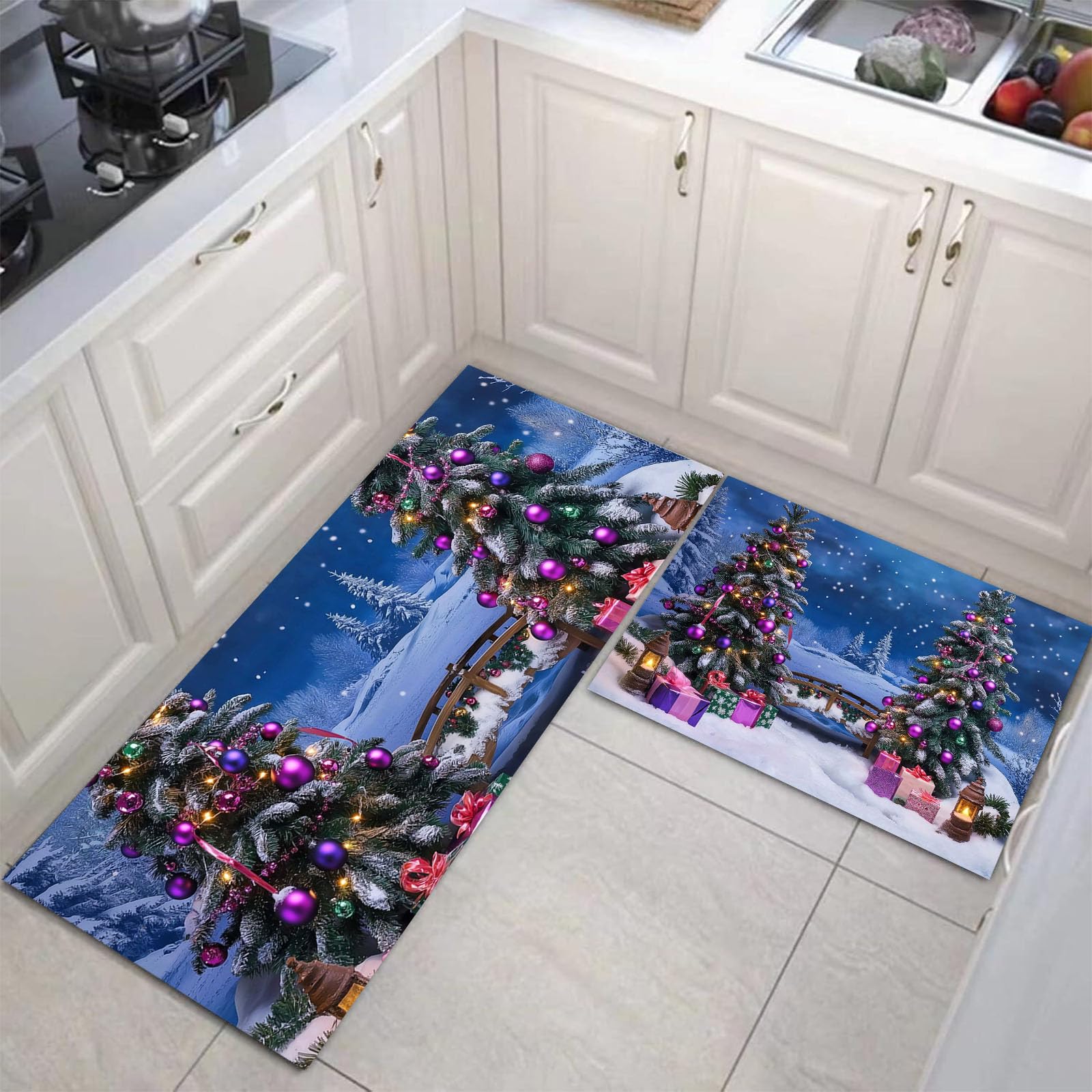 Tapis de cuisine bleu foncé lavable idéal pour sécuriser votre sol pendant les fêtes de Noël