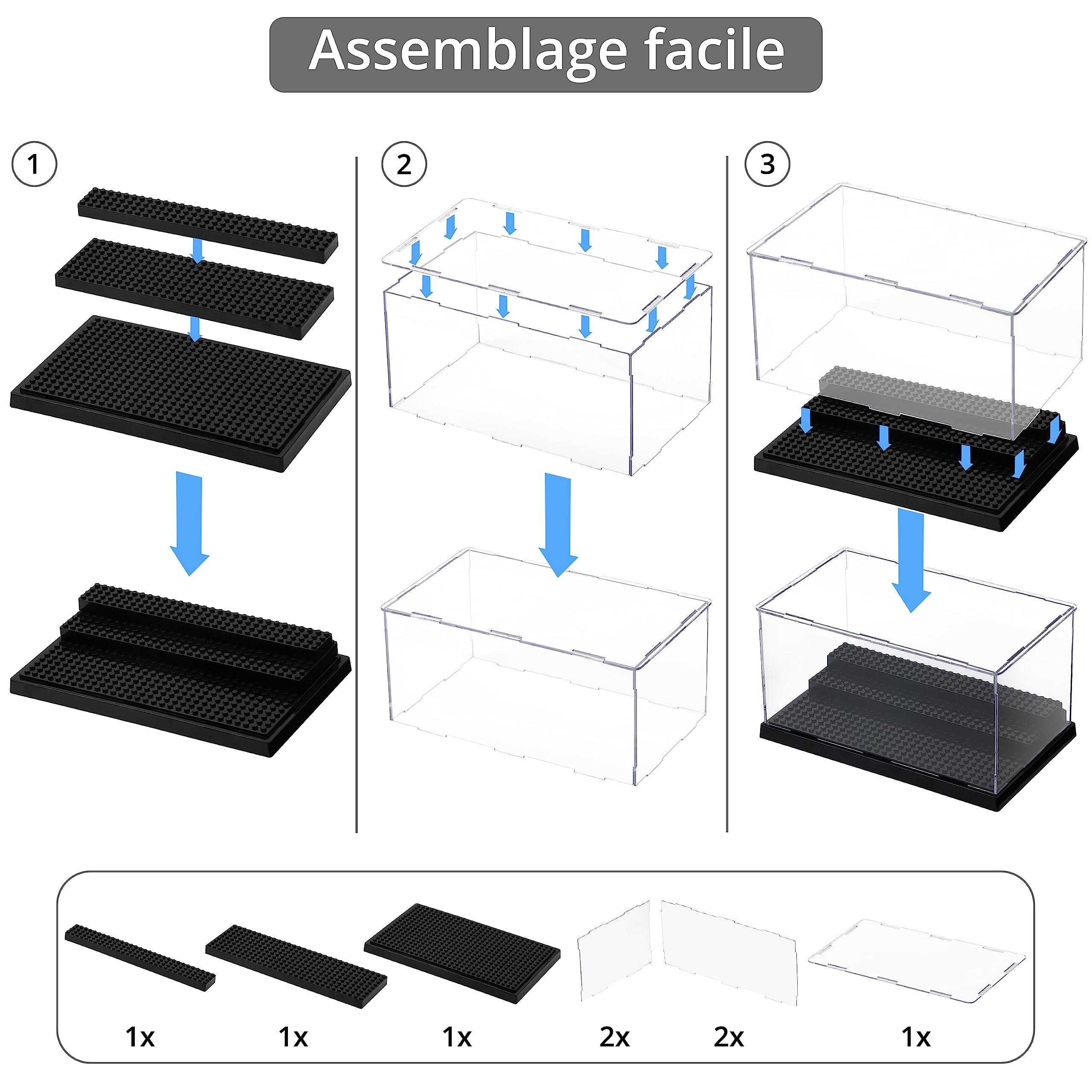 Winter Shore - Vitrine Acrylique Transparente 3 Niveaux [Lot de 2] - Vitrine pour Collection Figurine Action, Maquettes - Protection Anti-Poussière avec Plaque Compatible Briques Construction