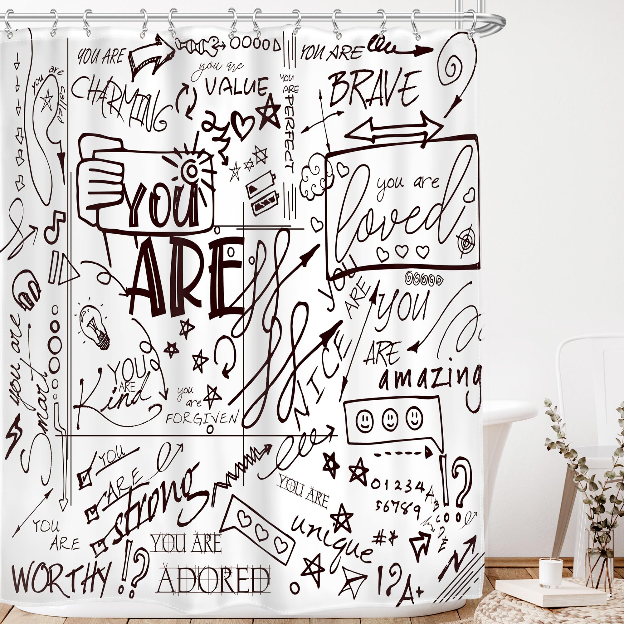 AMBZEK Teen Shower Curtain for Kids Funny Quotes 72Wx72L Inch Inspirational You are Graffiti Letter Positive Sayings Motivational Black White Artwork