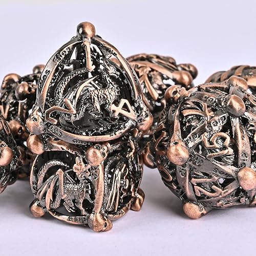 Miniatura 3 de DND - Juego de dados de metal, UBEUCK 7 piezas de dados de metal DND para cajas de juegos de mesa de Calabozos y Dragones (dados de cobre rojo