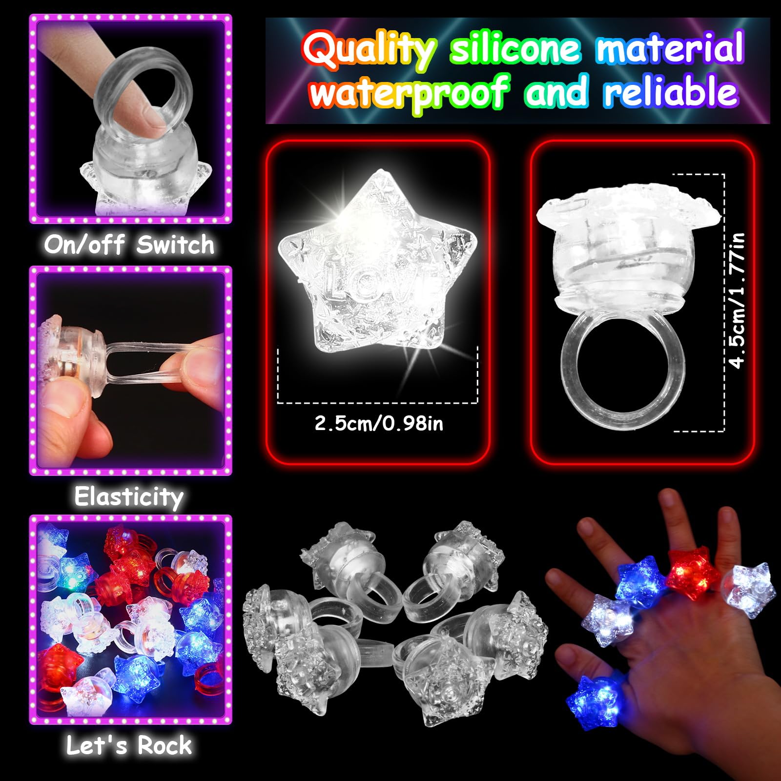 NUDALA 24 Pack White Light Up Star Rings Glow in the Dark Party Flashing LED Jelly Finger Rings for July 4th,Halloween,Christmas,Concert,Goodie Bag Fillers,Raves