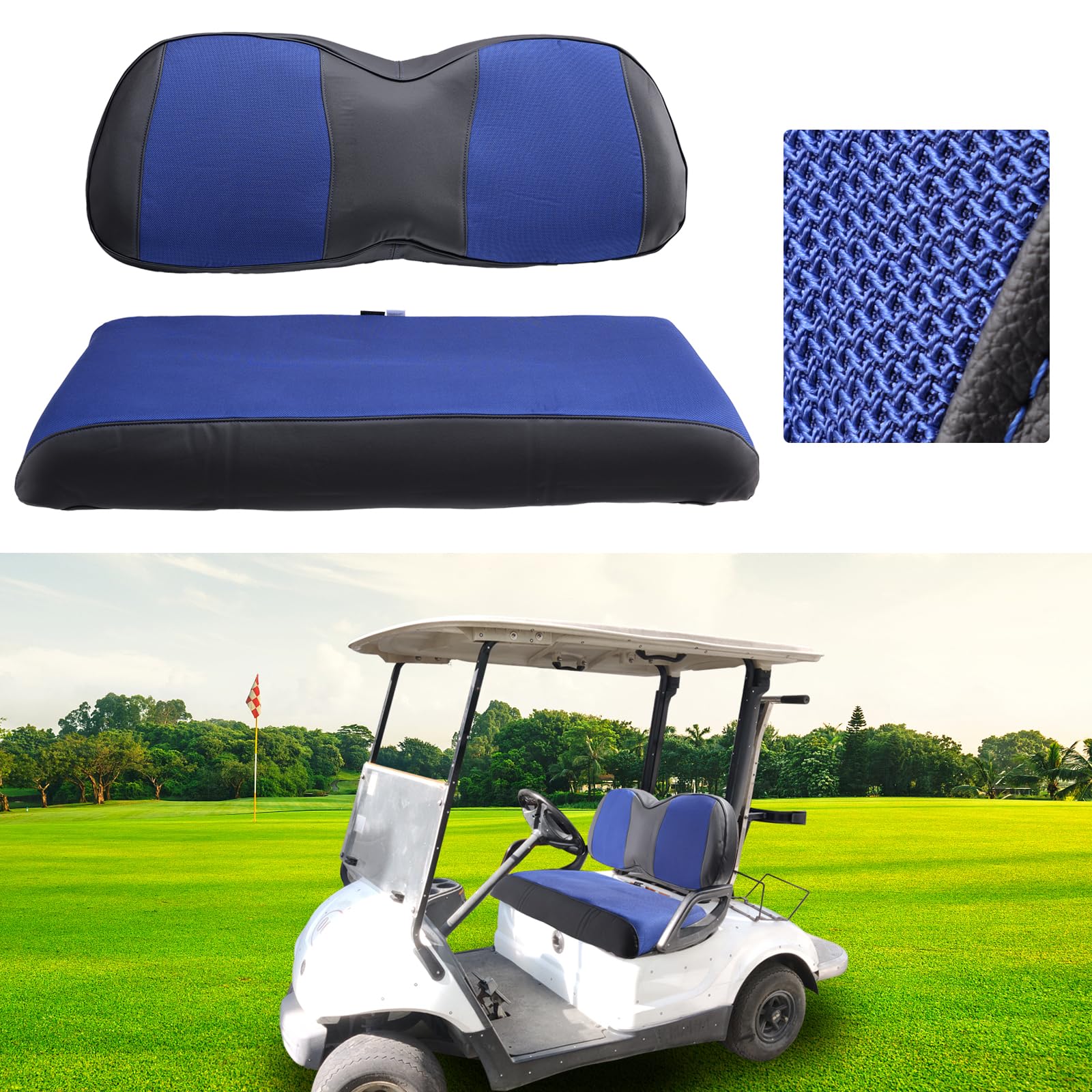 Golf Cart Seat Covers for Yamaha G29 Drive/Drive 2 Ordinary Front Seat Covers,No Stapler Required Breathable Polyester Mesh Cloth and Leather,Backrest and Seat Covers(Blue&Black)