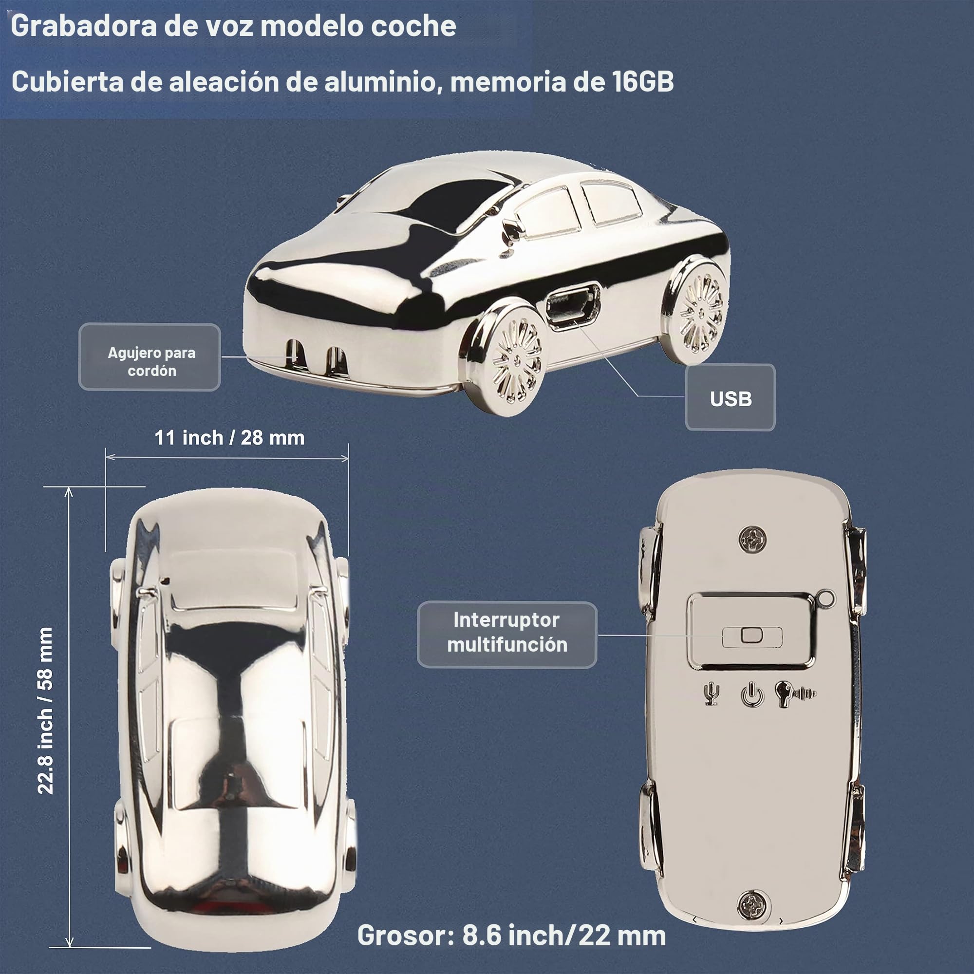 Grabadora de voz digital, 16 GB, grabadora activación de voz, MP3, reproducción de 15 horas, dictáfono con batería recargable de 3,5 mm, auricular reproducción
