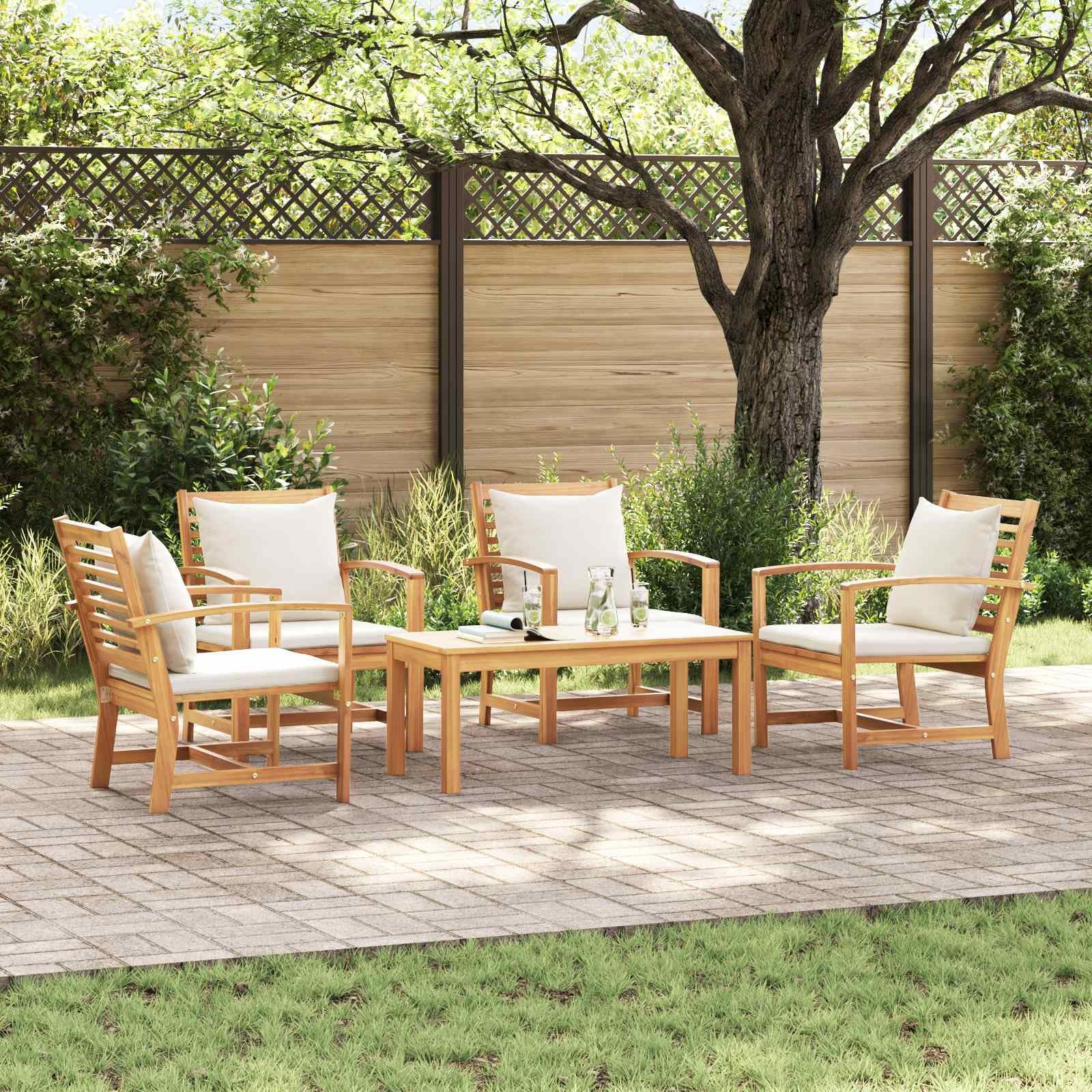 Set di mobili da giardino in teak 5 pezzi, divano da giardino in teak massiccio, marrone, con cuscini per seduta con cerniera, facile da pulire e installare, perfetto per terrazza