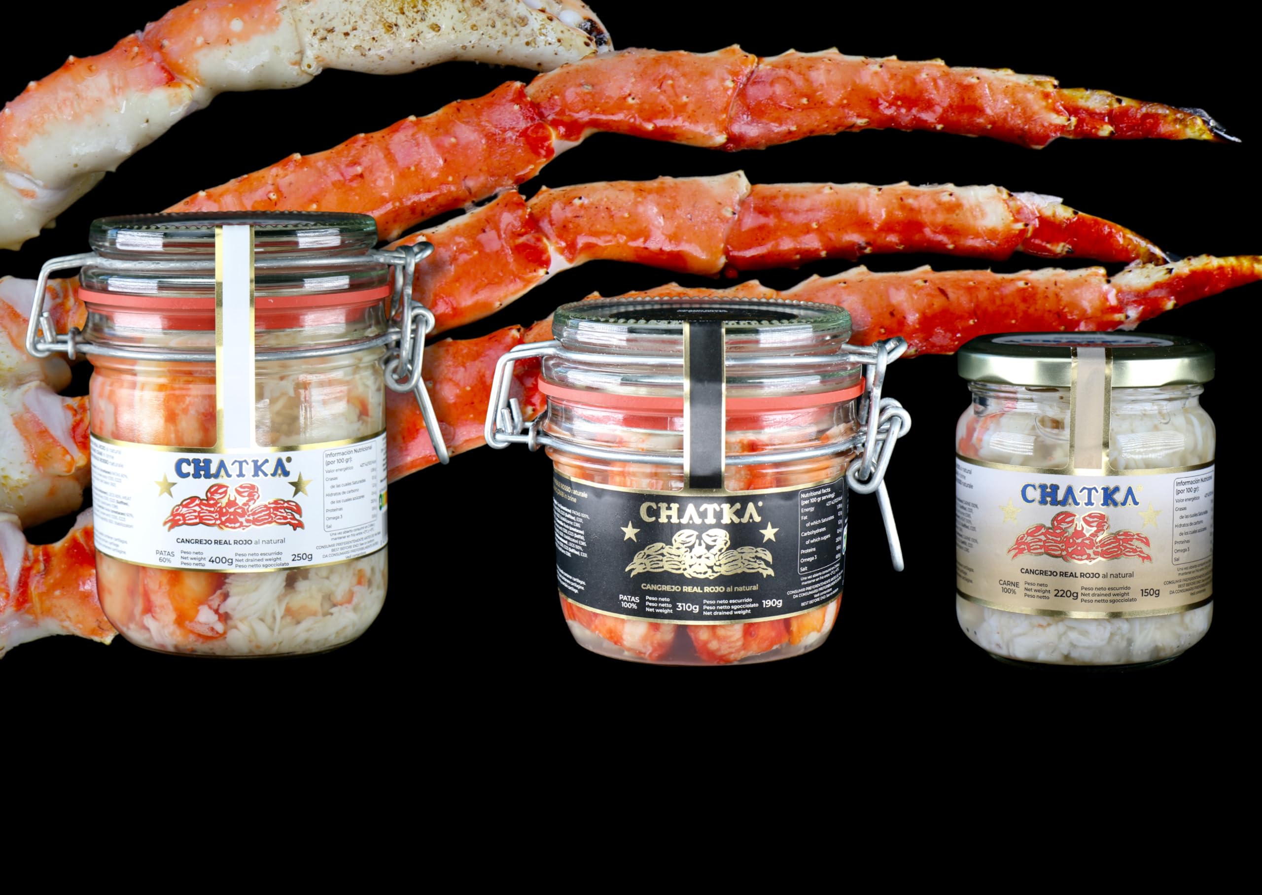 Chatka - Konserve im Glas mit 100% Beinen aus rotem Königskrabbenfleisch, sorgfältig verarbeitet und geeignet für kalte Speisen, Salate und Vorspeisen. (250 gram)