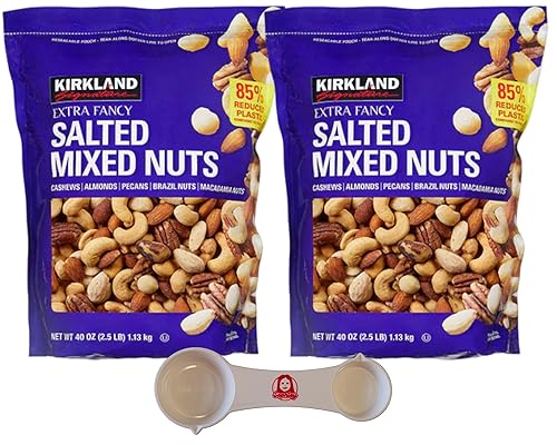 Kirkland Signature Extra Fancy Mezcla de frutos secos, salados (40 onzas), paquete de 2 con cuchara medidora Sophley Bonus