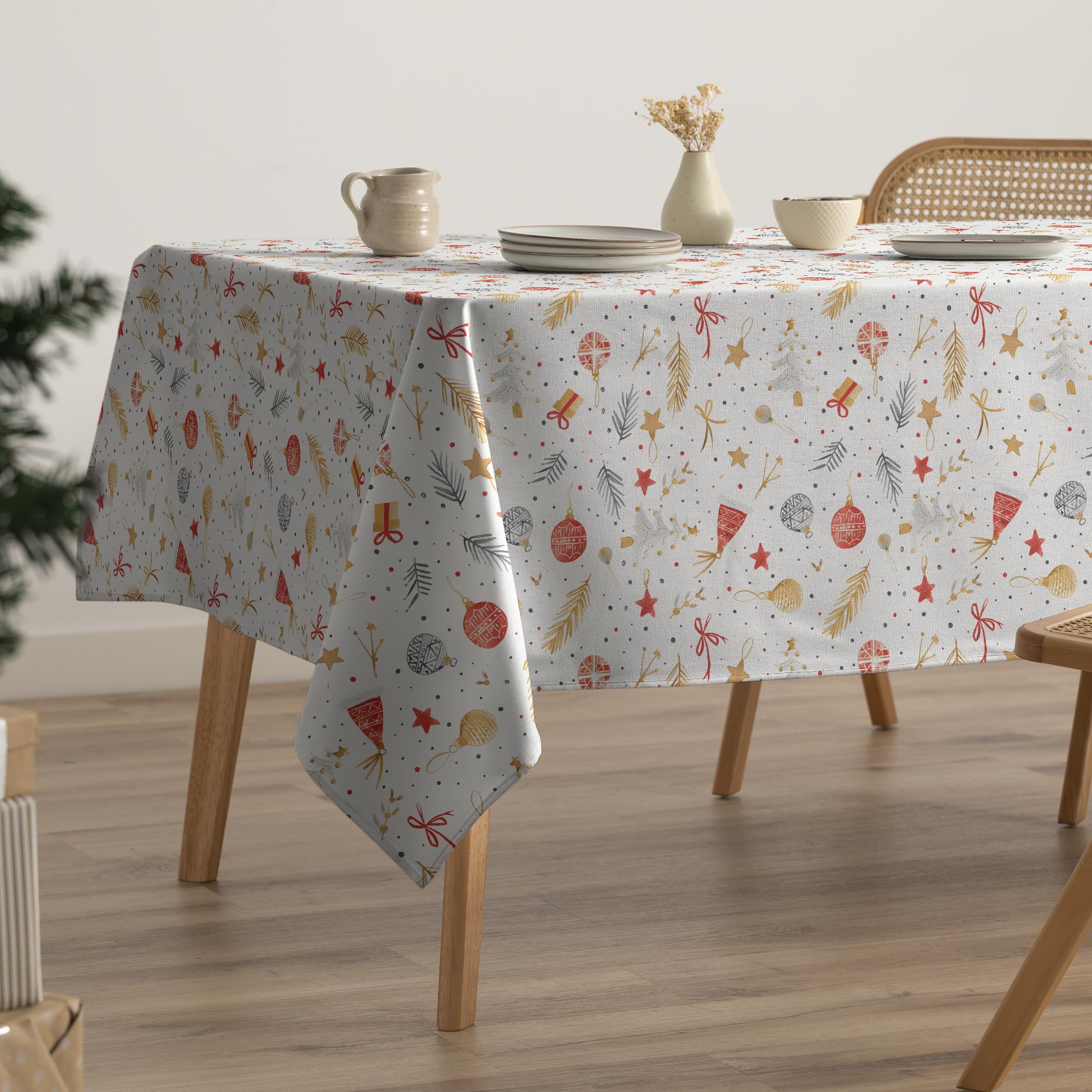 GAMUSI Mantel Navidad Antimanchas Algodón Mesa Comedor Decoración Navideña Rectangular Tacto Tela 160x350 cm