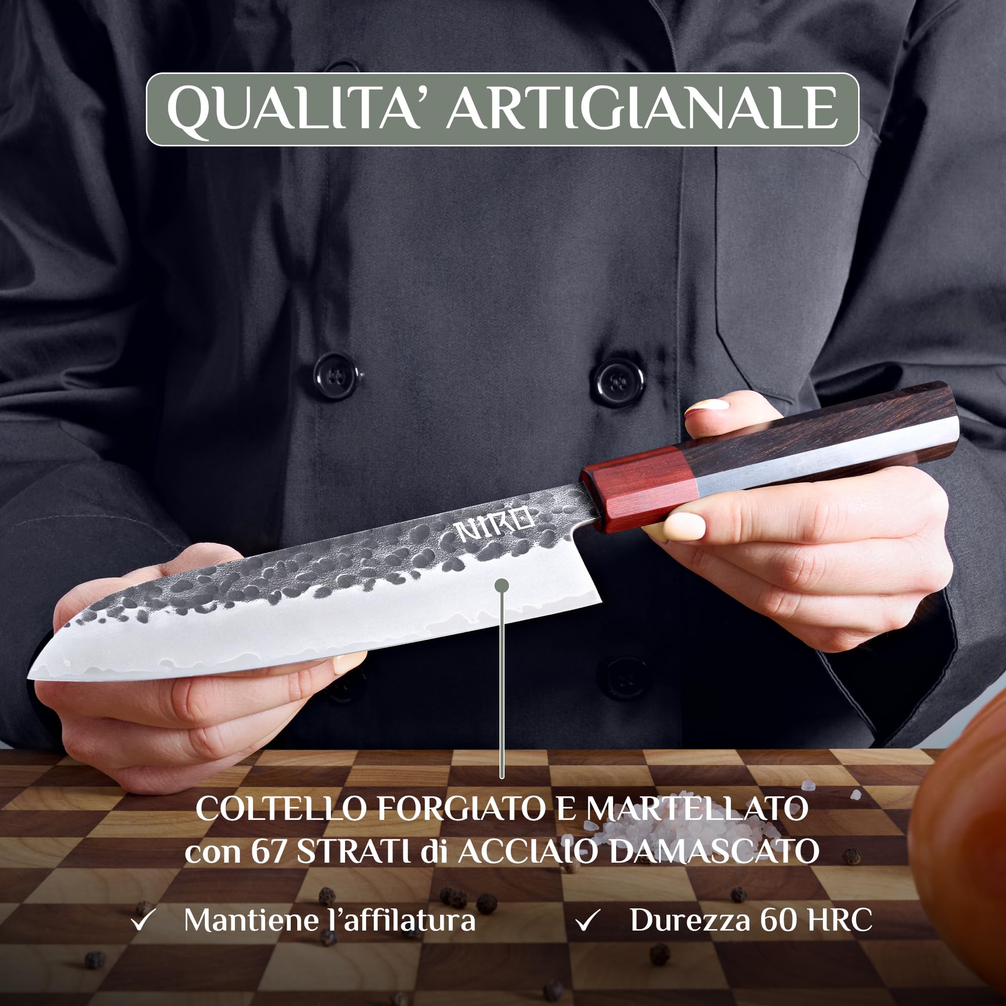 NIRO Coltello Professionale Giapponese Santoku in Acciaio Damascato, 67 Strati, Durezza 60 HRC, Manico Pregiato in Ebano e Sandalo, Bilanciamento perfetto, Resistente all’usura
