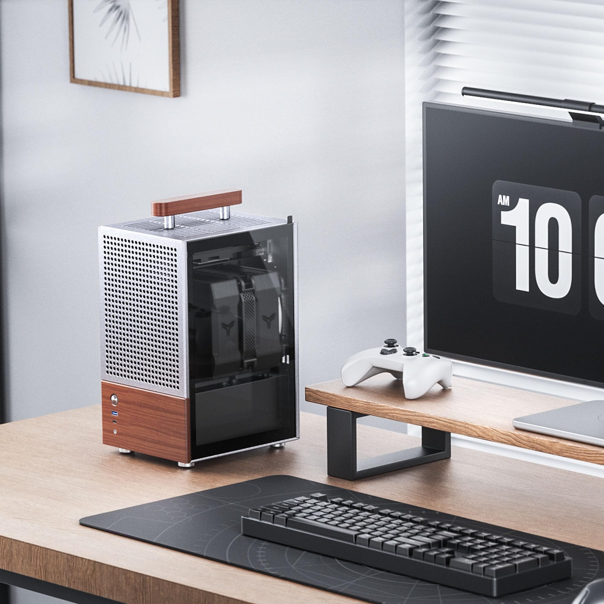Jonsbo T6 Mini-ITX PC-Gehäuse – Silber, Tempered Glass & Holzgriff, Aluminium & Stahl, kompaktes Mini-Tower Case