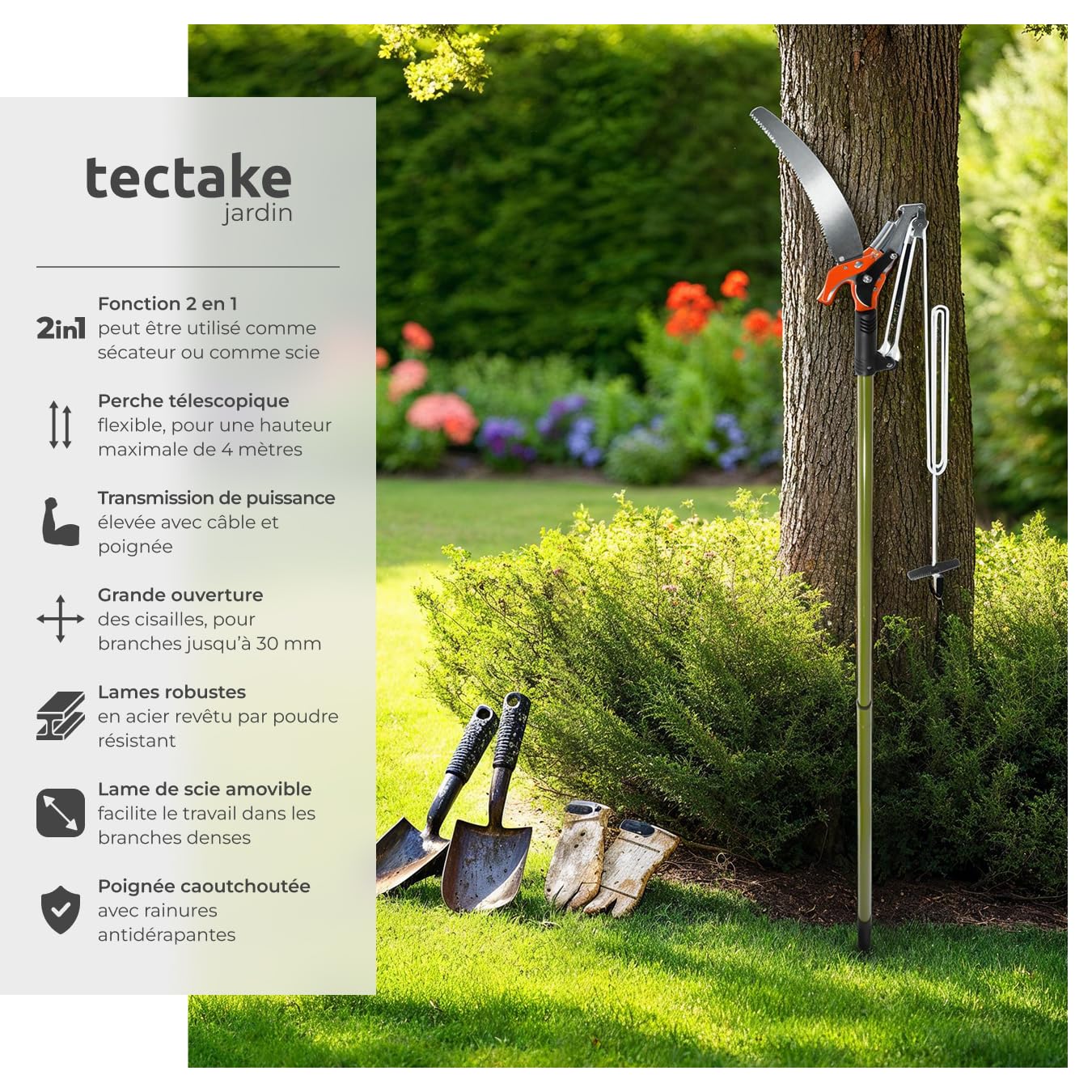 tectake® Coupe branche telescopique 2en1 Secateur et Scie à élaguer, Extensible 161-258 cm, Hauteur de travail max. 4m avec poignée de tirage, Elagueuse sur perche Taille haie Outils jardinage
