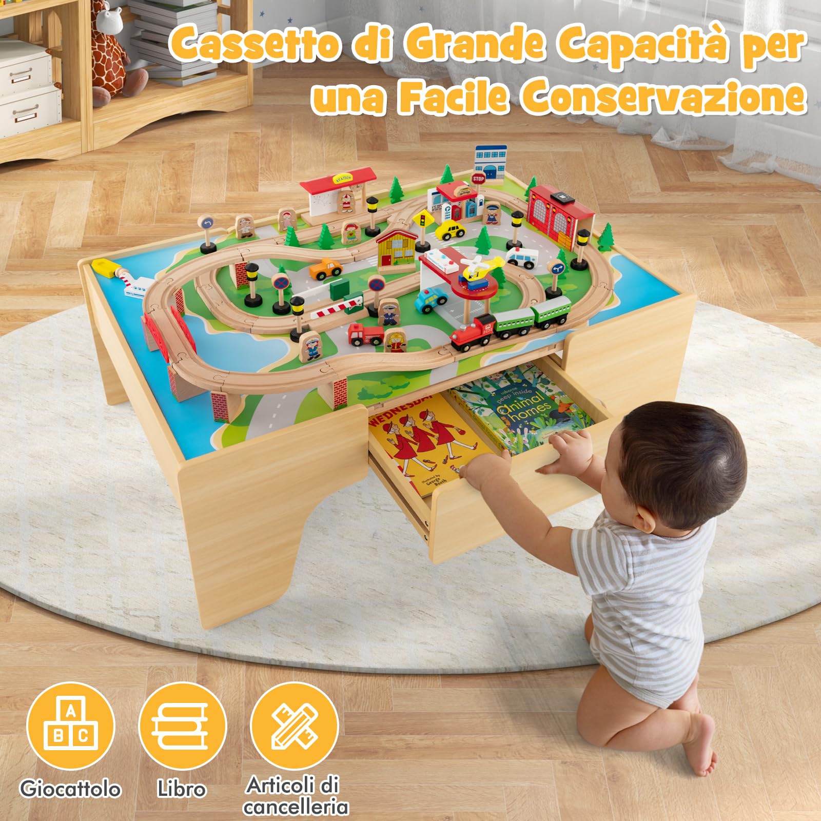 GYMAX Tavolo e Set Ferrovia in Legno, Set Gioco Colorato da 80/84 Pezzi con Piano Reversibile, Cassetto, Binari, Treni, Figure, Macchinine, Tavolo Giocattolo Educativo per Bambini 3 Anni+ (Stile 1)