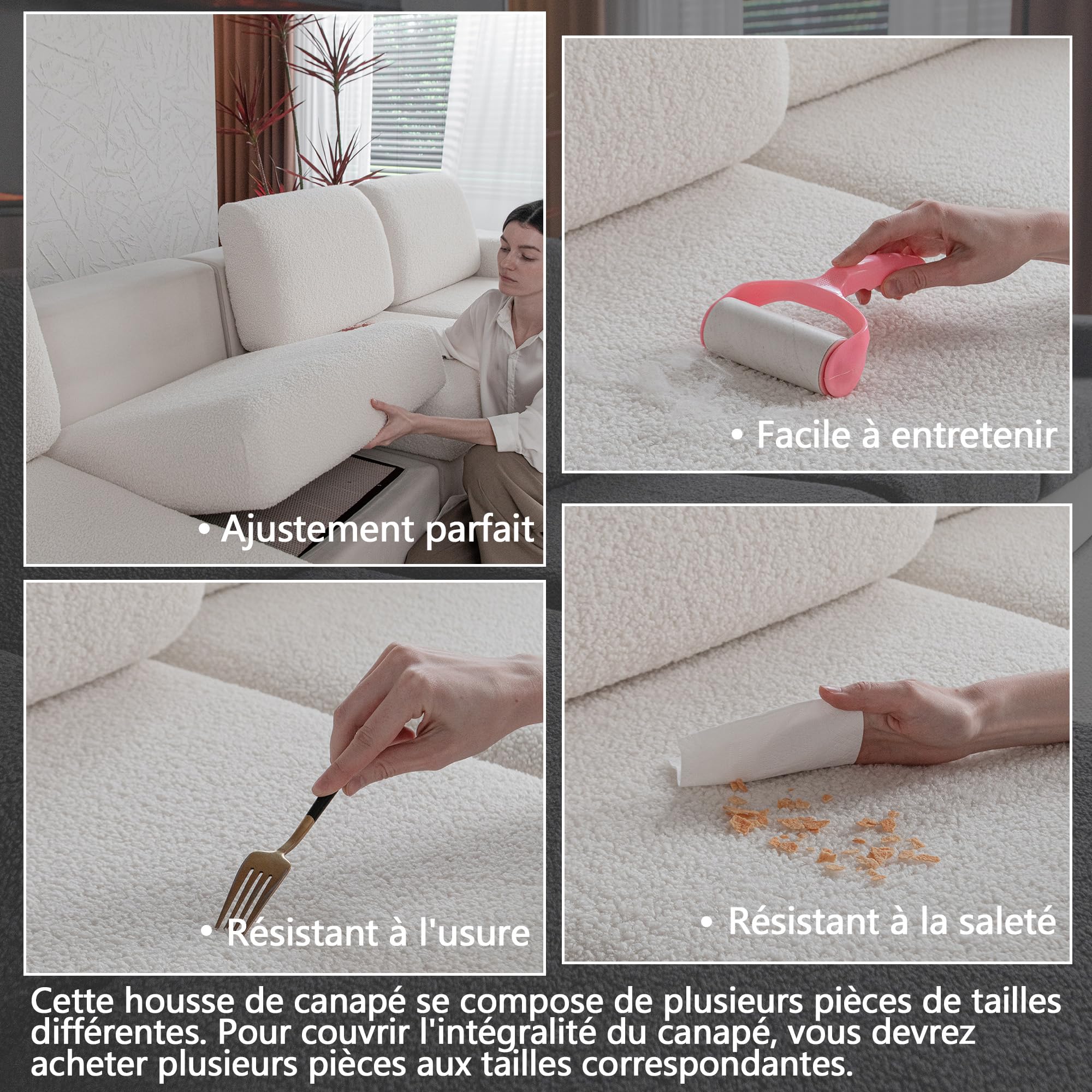 OHSIO Housse de canapé - Haute élasticité et antidérapante - Lavable et adaptée aux Animaux de Compagnie - Résistante - Ivoire - 2 Housses de siège S + 1 Housse de Chaise Longue