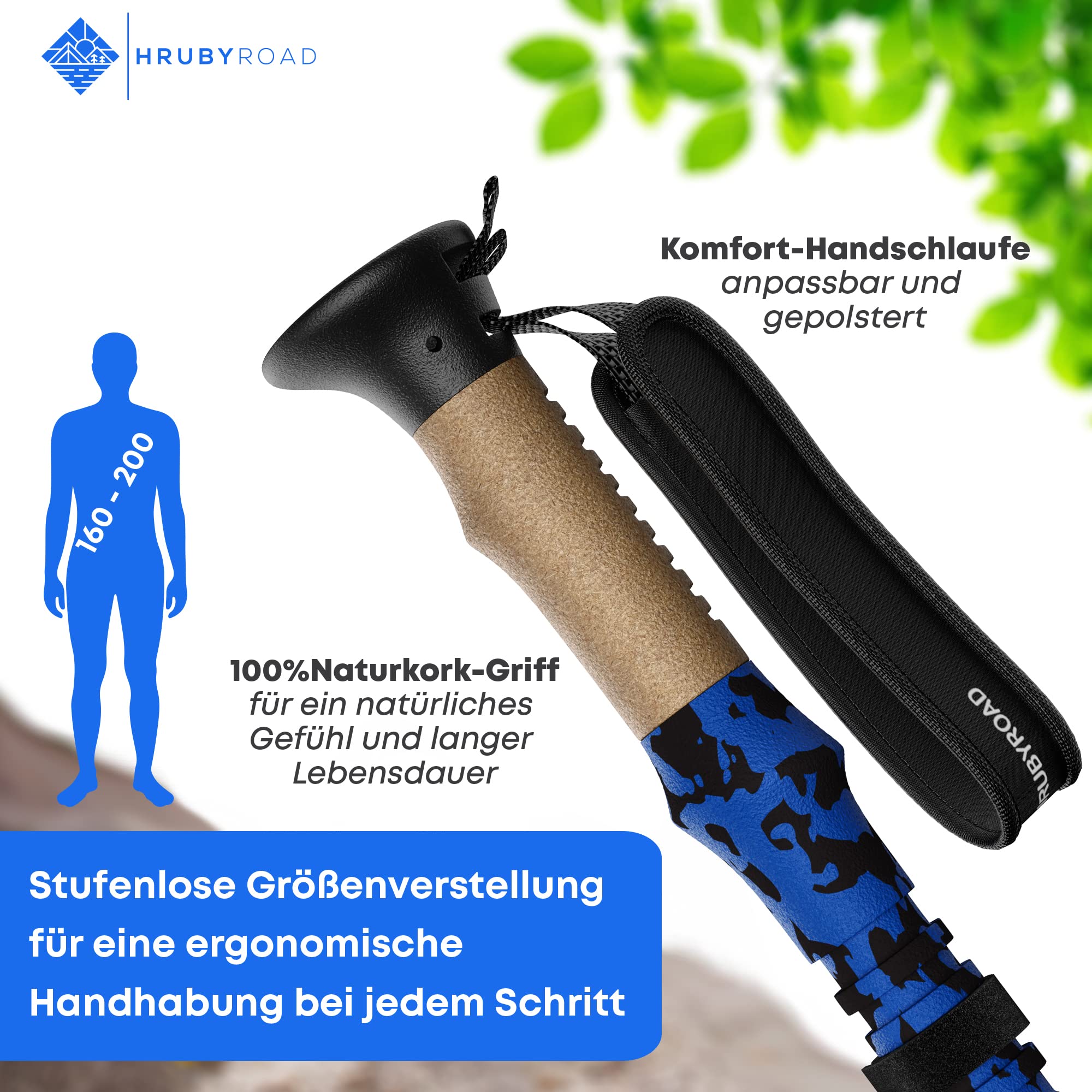 HrubyRoad® Wanderstöcke Teleskop Faltbar | Nordic Walking Stöcke Damen und Herren | Ultrastabile Trekkingstöcke [mit 6 Aufsätzen] | Echt Kork Griff
