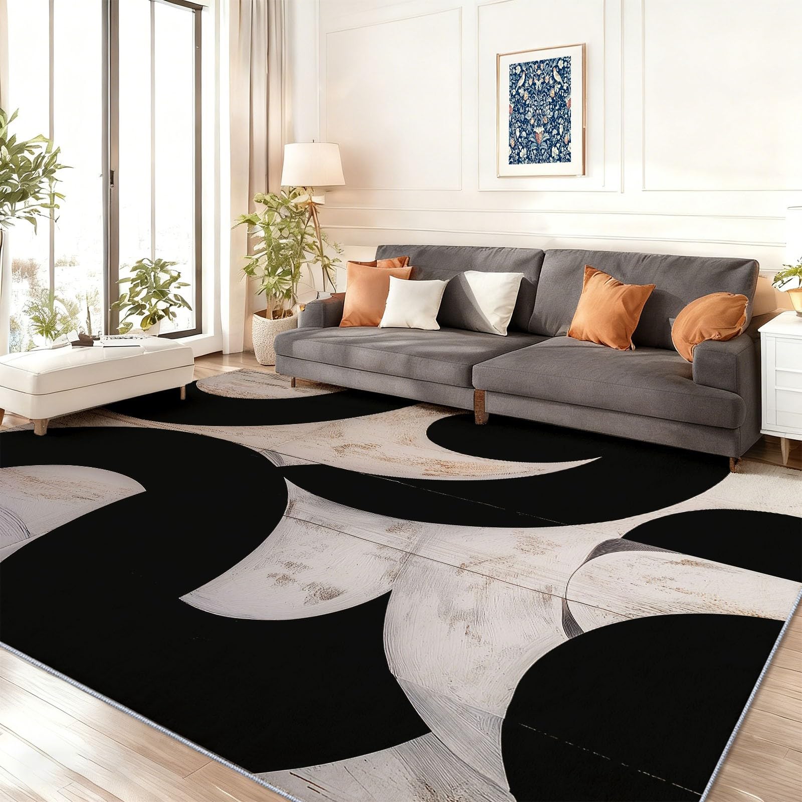 Geometryczny okrągły abstrakcyjny dywan do salonu 80 x 150 cm, czarny dywan z nadrukiem, można prać w pralce, antypoślizgowy z krótkim włosiem do sypialni i salonu, nowoczesny design